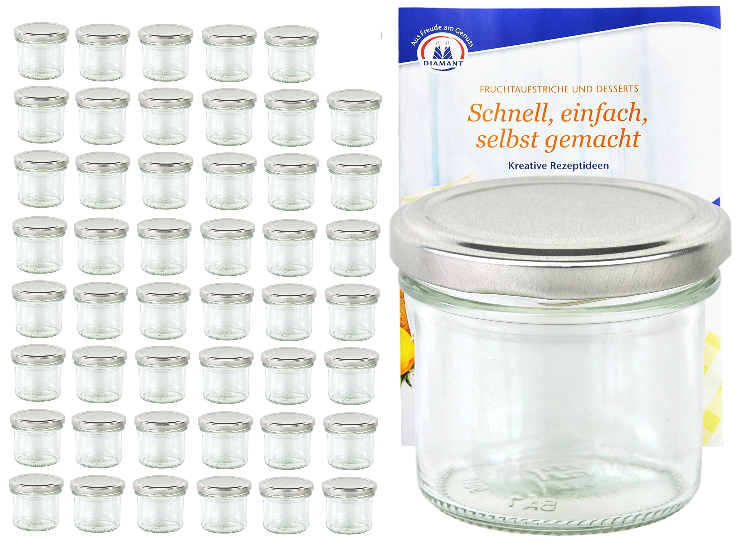 Set da 48 pezzi comprensivo di vasetti per marmellate e conserve da 125 ml, con coperchio To 66 colore argento, e ricettario pectina (lingua tedesca