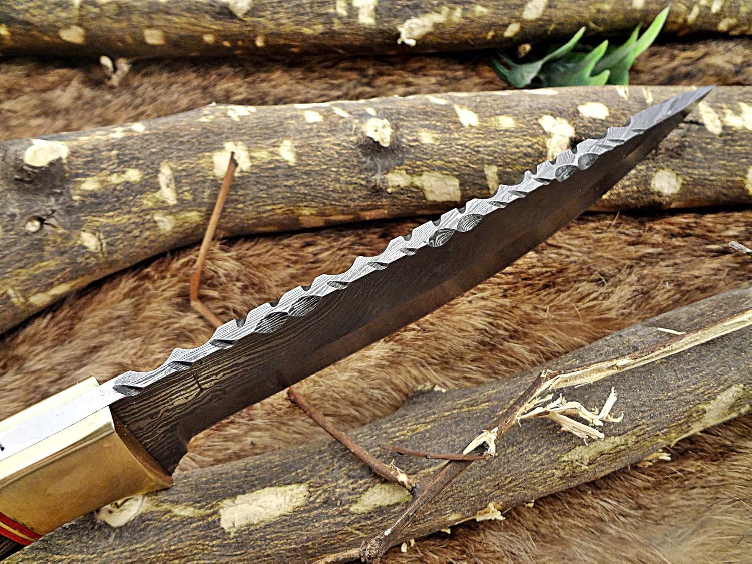 11" Long Hand Forged Damascus Steel Full Tang Blade Skinning Knife,Fabulous Handle Material. Natural Wood with Mosaic Pin and Brass Bolster.