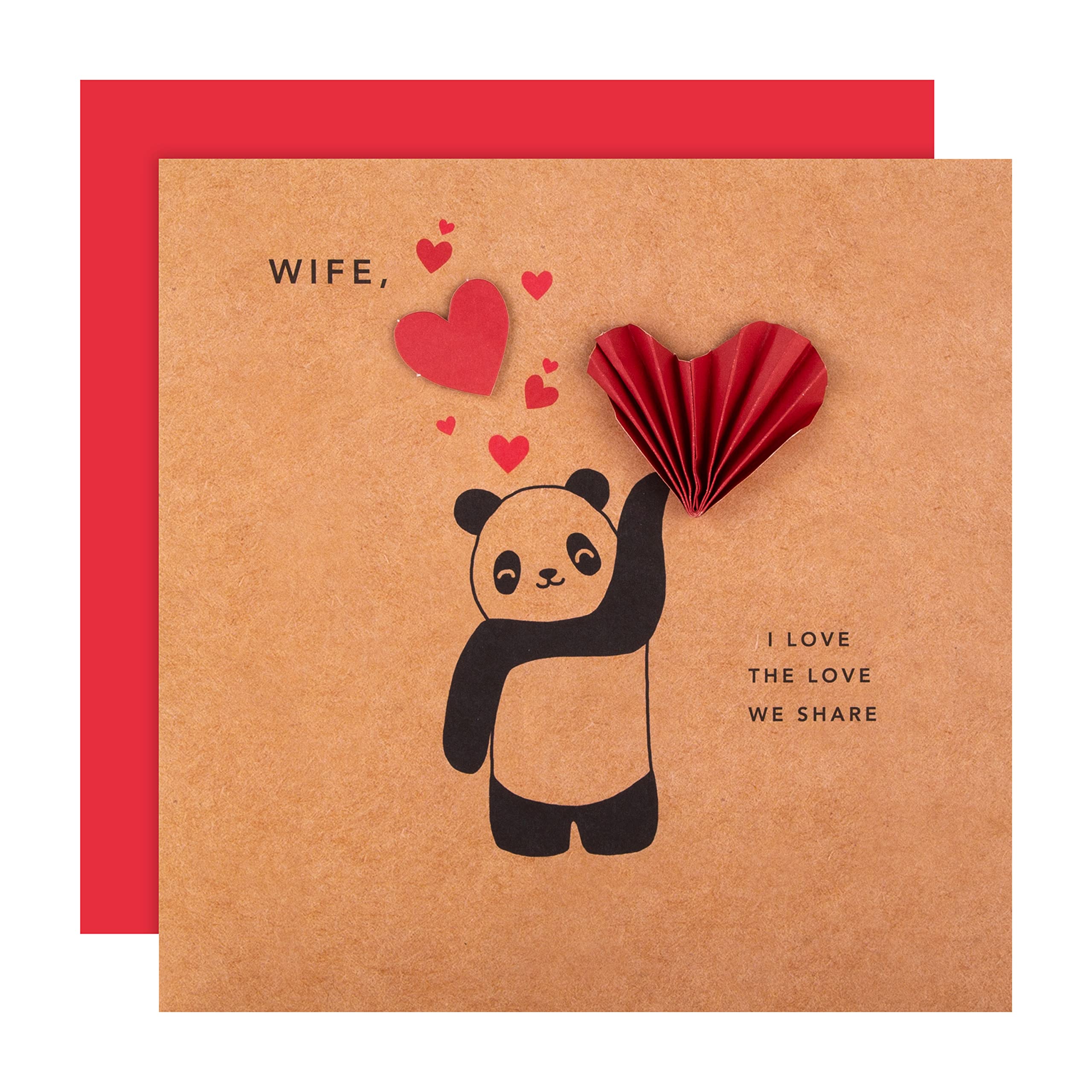 Hallmark Valentines Day Card for Wife, Brown Panda & Red Heart Design, Cute Design, Brown, Red