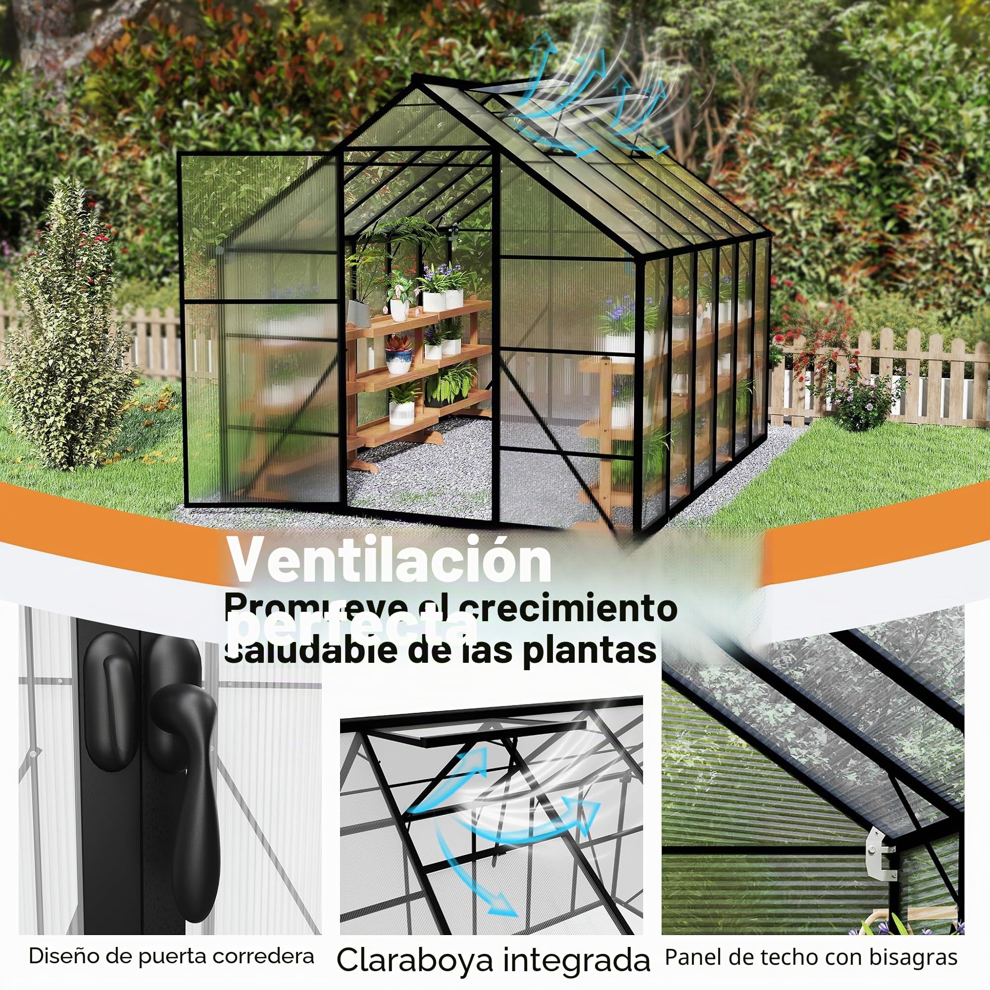 Froadp Invernadero de aluminio con base 310x250x205cm Invernaderos de jardín 4mm placas de cámara de aire de PC resistentes a la intemperie, invernadero para tomates con ventanas Invernadero para