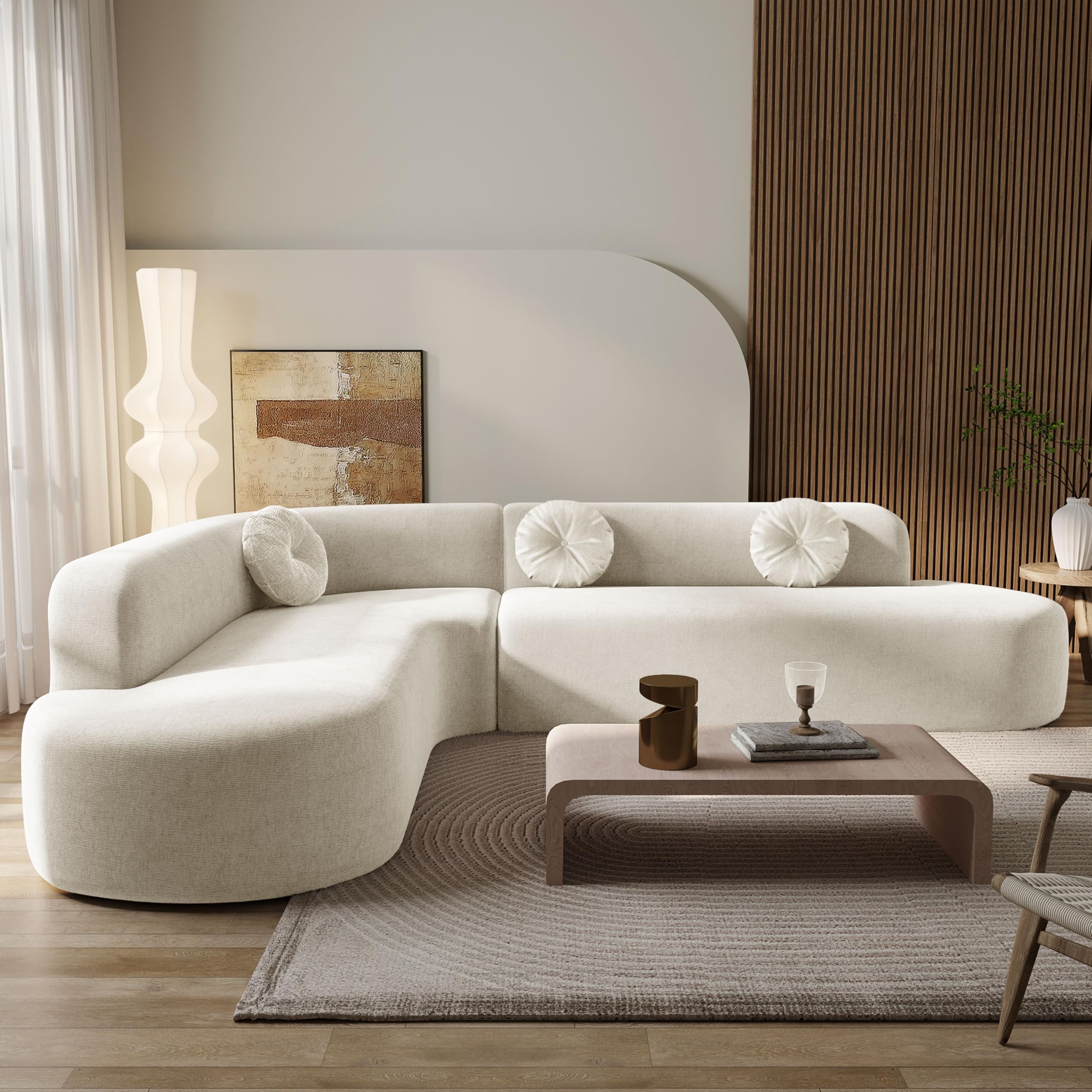 Curved Modular Sectional Sofa - 122" Extra Large 5-Seater with High Resilience Foam & Soft Chenille Upholstery, 2-Piece Floor Couch with Round Cushions, No Assembly Beige Living Room Furniture Sets
