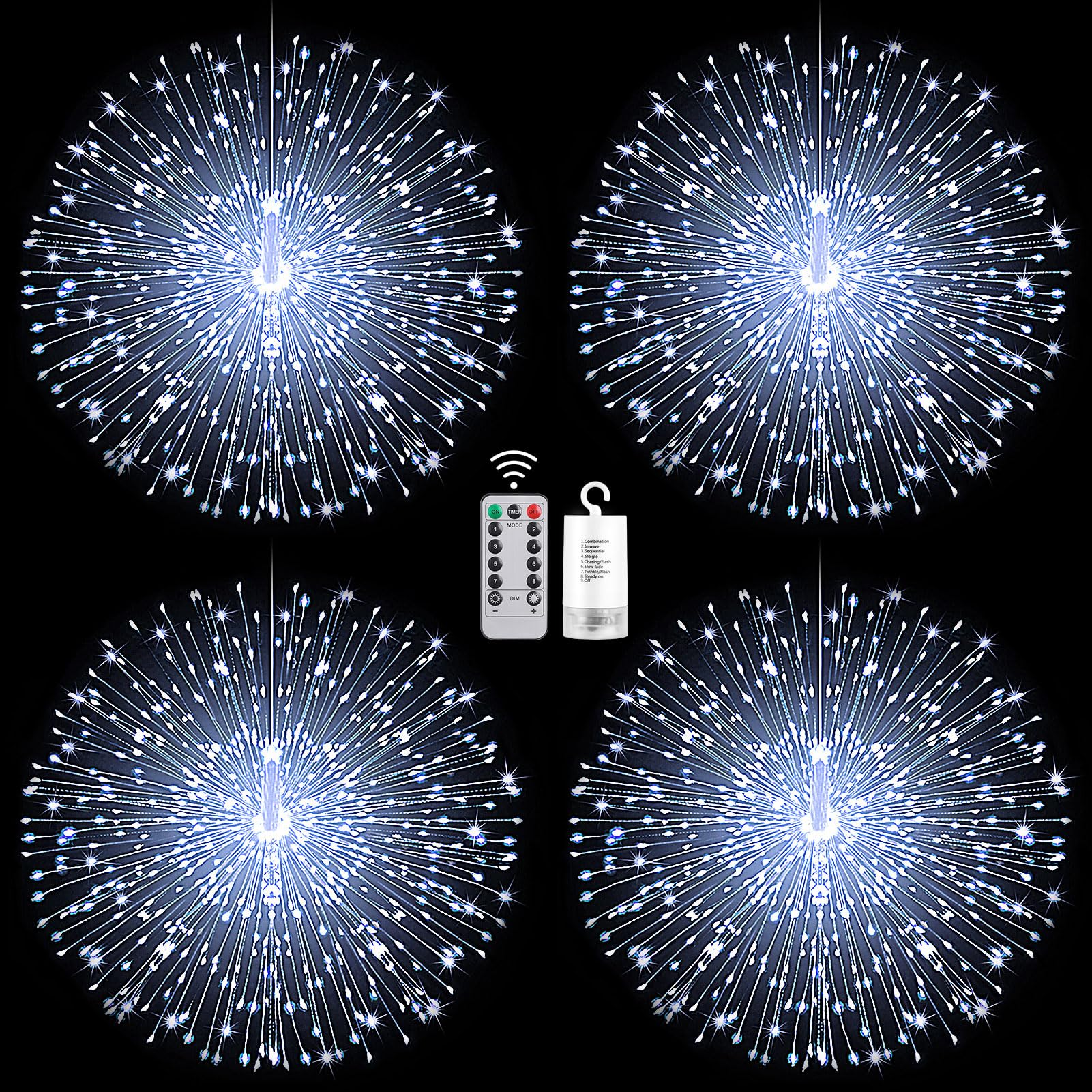 Starburst String Lights Christmas Lights, 225 LED 8 Modes Dimmable with Remote Control, Waterproof Copper Wire Decorative Hanging Starburst Lights for Party Patio Garden Decoration (White, 4PC)