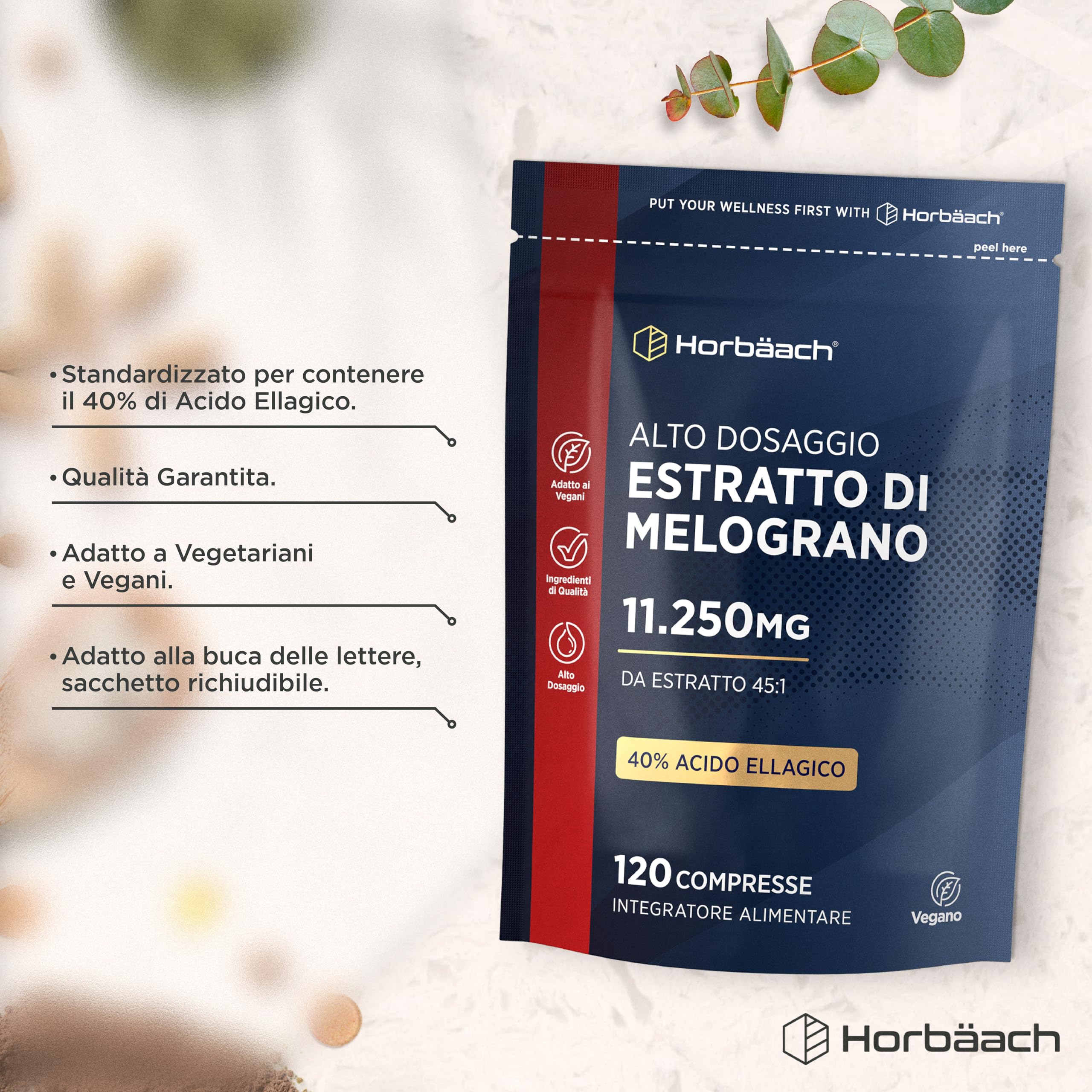 Estratto di Melograno Integratore 11250 mg | 120 Compresse Vegane | 4 Mesi di Scorta | 40% di Acido Ellagico | Pomegranate Extract Supplement | di Horbaach