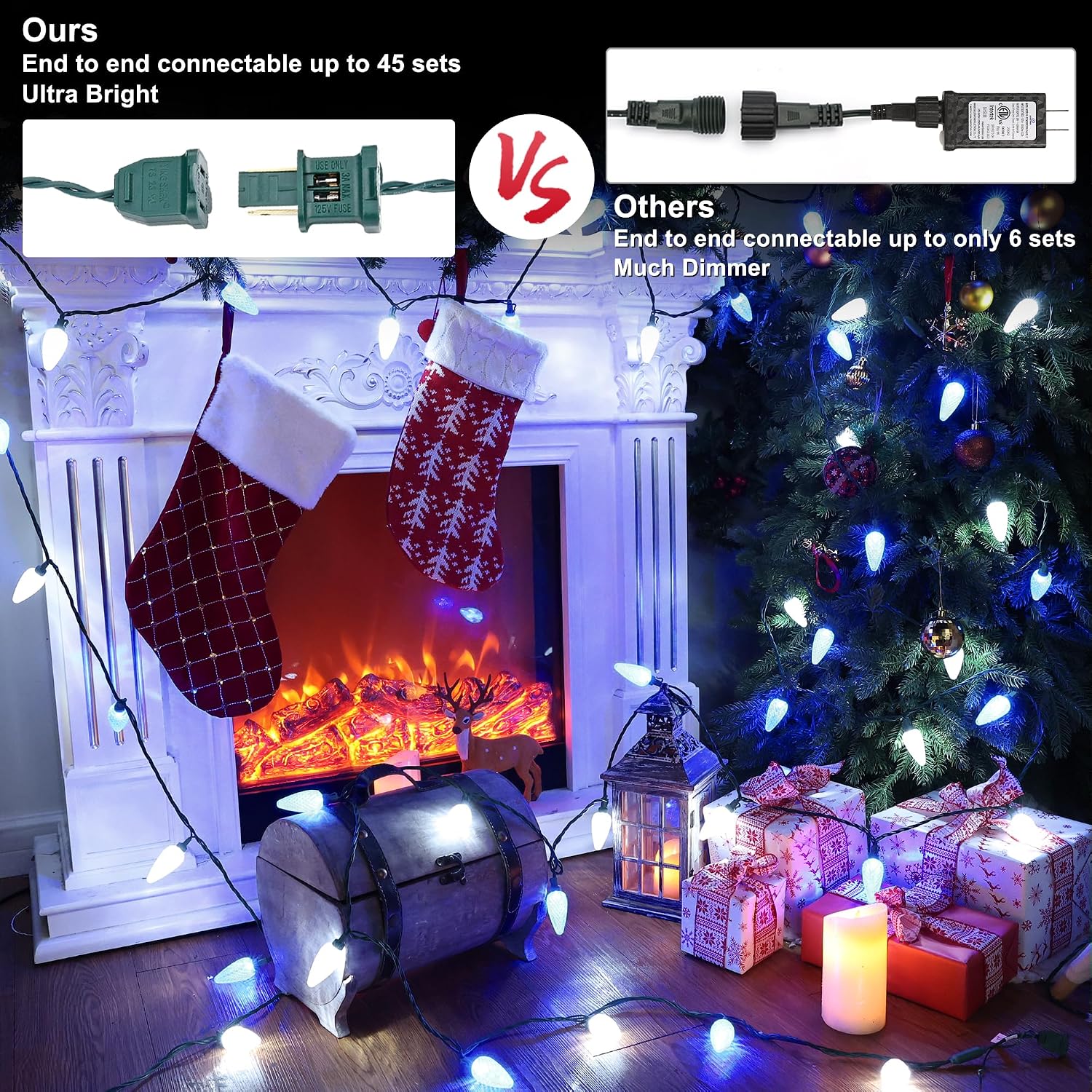 Brizled Blue & White 33ft 50 LED Faceted Outdoor Xmas Lights, Connectable, UL Certified Waterproof for Christmas Tree House Roof Party Decor
