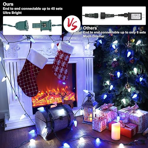 Miniatura 4 de Brizled Guirnalda de luces azules y blancas, 33 pies, 50 luces LED facetadas C9 para exteriores, luces de árbol de Navidad conectables, luces de