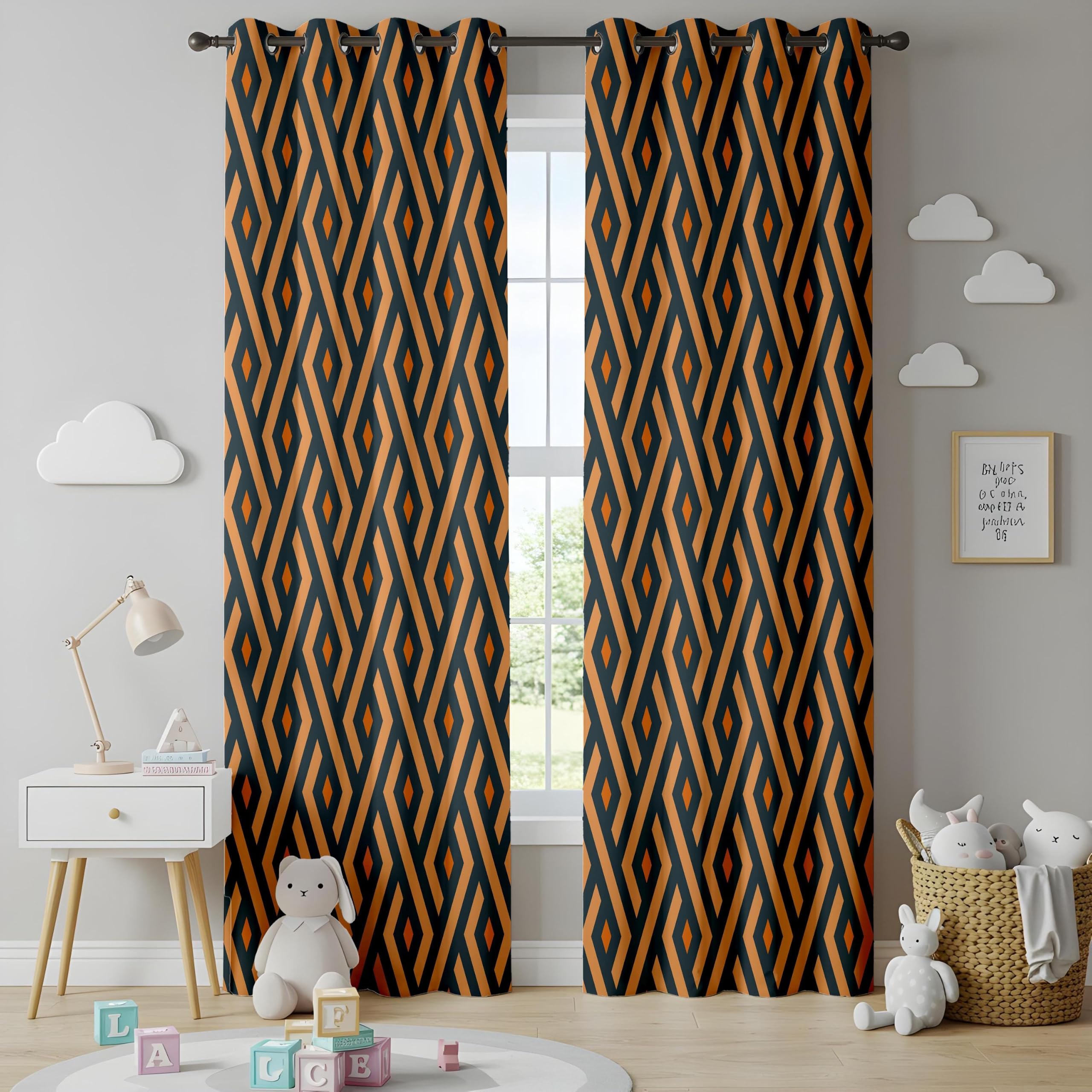 Rideaux occultants géométriques Art Déco, Motifs Audacieux Orange et Noir à Losanges, Panneaux de fenêtre à Motif Abstrait pour Une décoration intérieure Moderne (L x H / 2 x 200 x 265 cm)