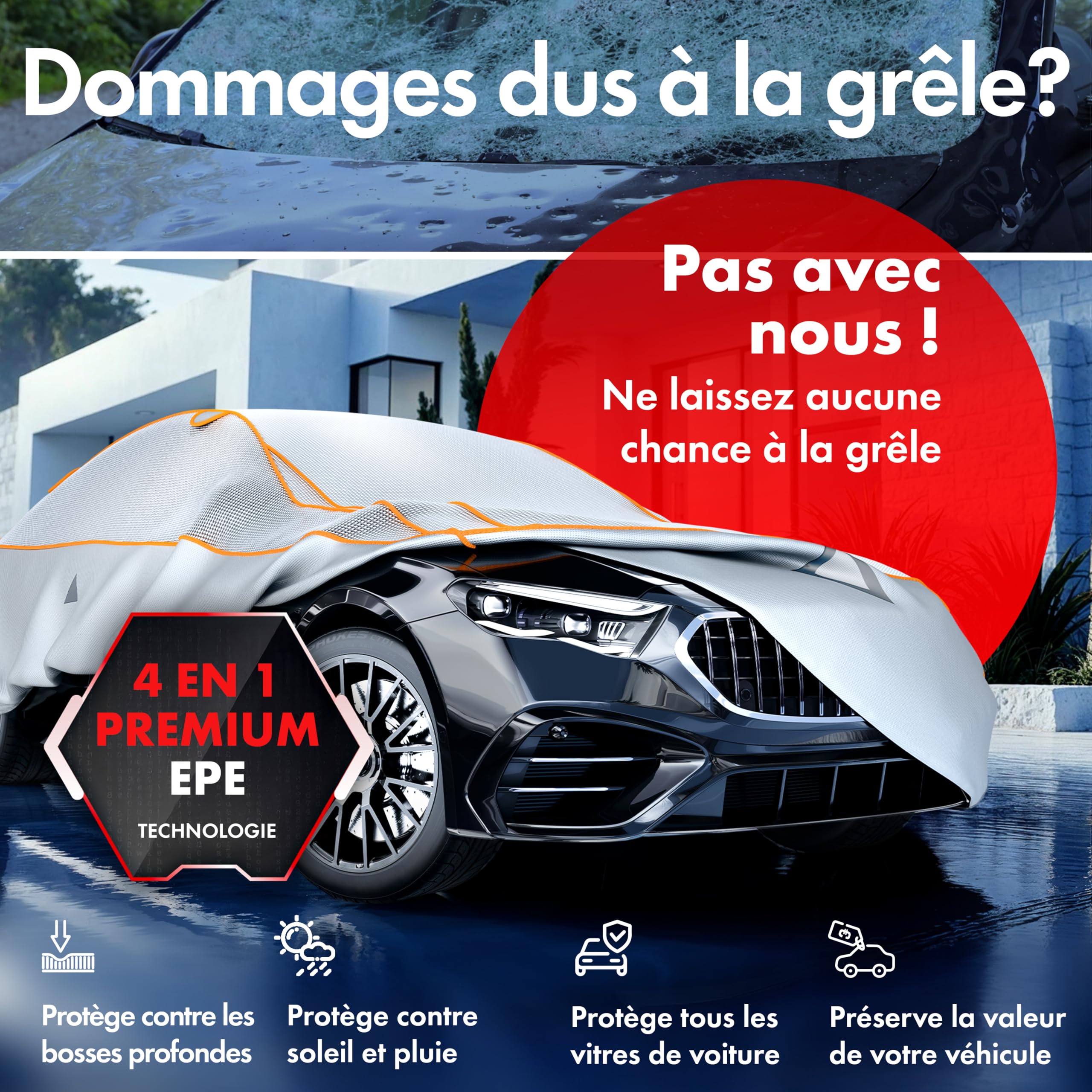 WALSER Premium Bâche de Protection Contre la grêle pour Voiture, bâche de Protection Contre la grêle pour Voiture en EPE Sun Protect avec Protection UV, Housse de Garage 100% imperméable Taille 2