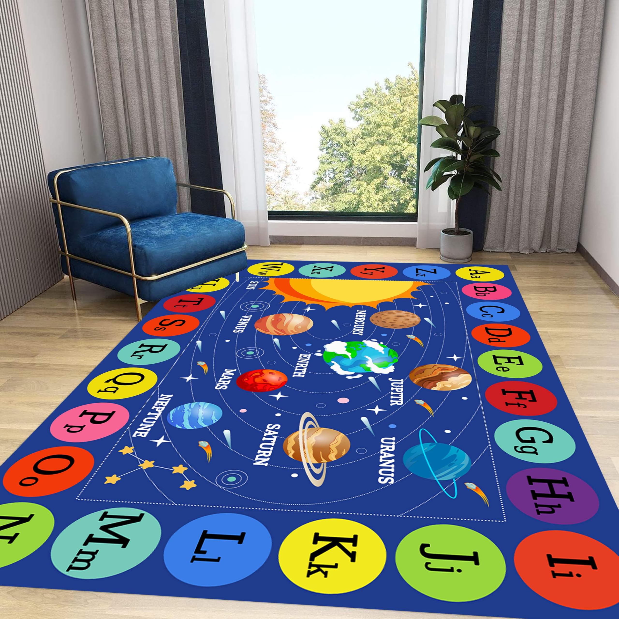 LHOMKCV Letter Planet Area Rugs, 180x230cm, Cartoon Solar System Space Meteor Boy Girl Learning Decor Carpet, Soft Short Pile Easy-Washing Game Rug for Lounge Nursery