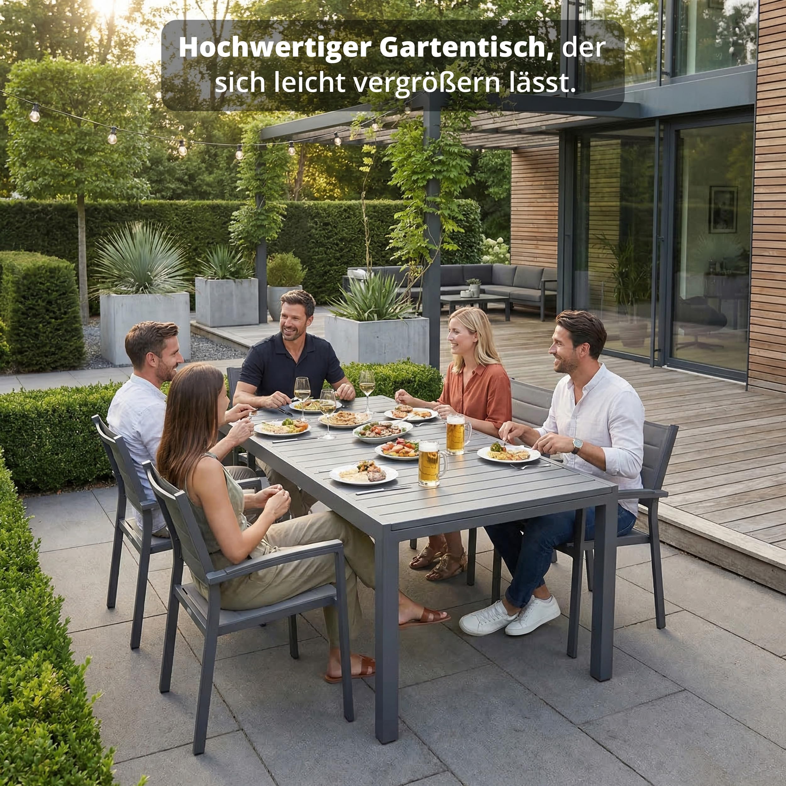 KHG Gartentisch ausziehbar Grau, Ausziehtisch aus Eisen-Gestell und Aluminium Tischplatte für 10 Personen, wetterfest UV-beständig, 100x75x203-320 cm