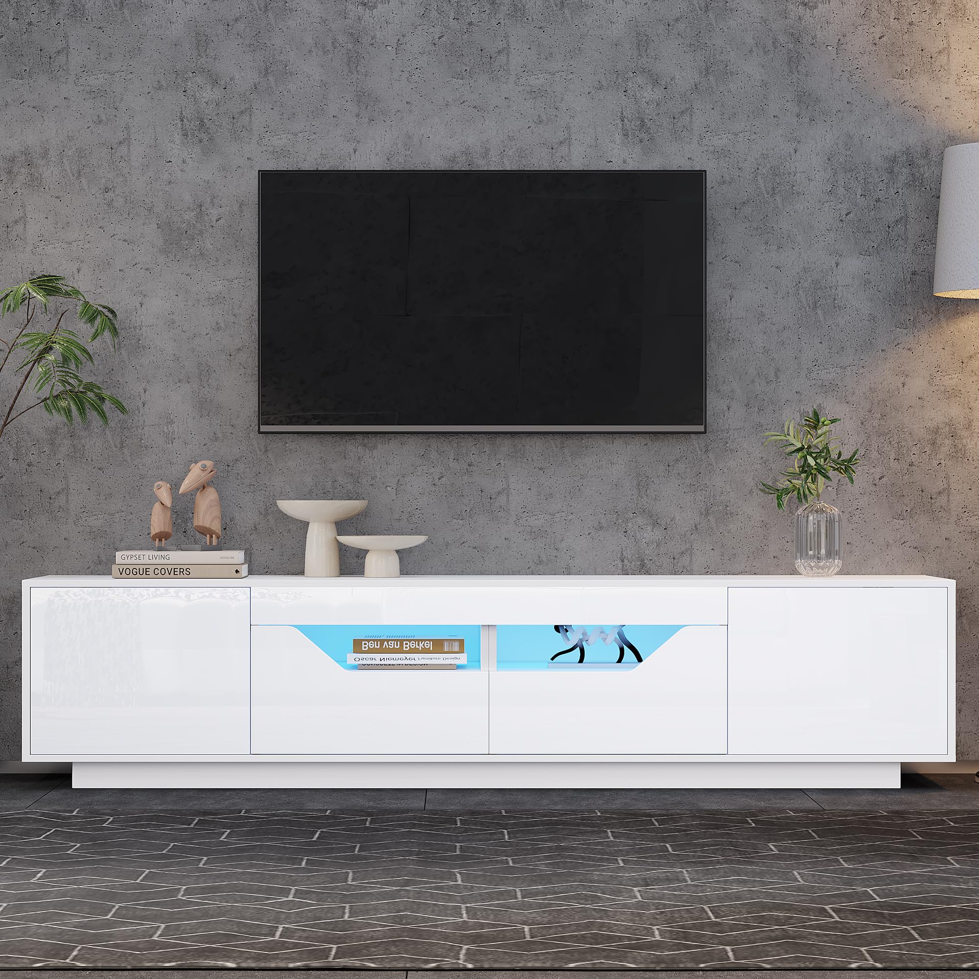 Mobile TV da 180 x 40 x 45 cm, con 2 cassetti e 2 armadi, mobile TV lucido con luci a LED, TV da 75 pollici, bianco