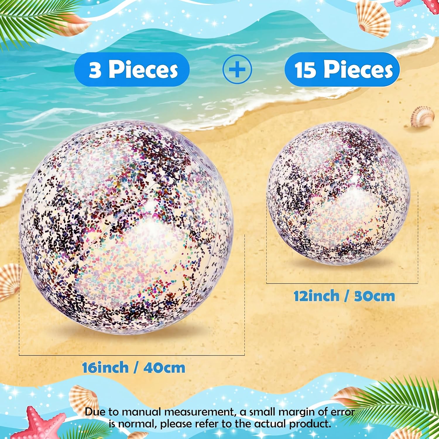 Chivao 18 Pcs Sequins Beach Ball 24 Inch 16 Inch Clear Inflatable Glitter Summer Swimming Pool Balls Wedding Outdoor Floatable Decor Confetti Decor for Beach Party(Multi Color)