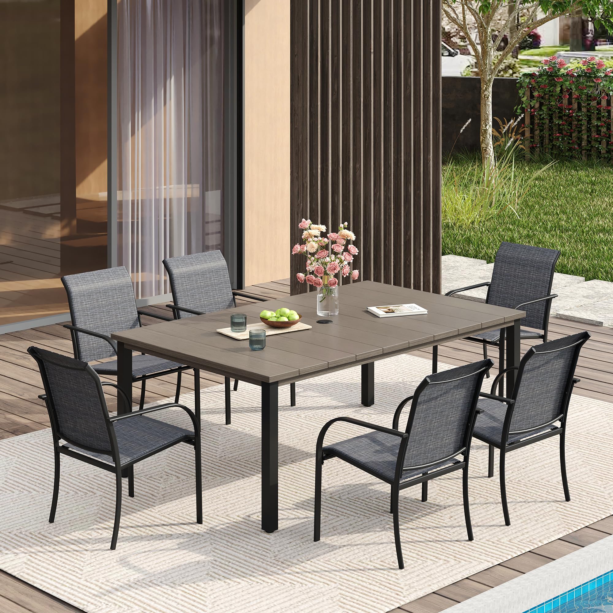 VICLLAX Patio Dining Set for 6, Outdoor Furniture Set Includes 63" Rectangle Patio Table and 6 Patio Sling Chairs, Outdoor Table and Chairs for Outsides, Grey Wood-Like Tabletop and Dark Grey Fabric