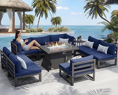 Miniatura 360 de NICESOUL 7 Piece White Powder-Coated Aluminum Patio Furniture with Fire Pit Table, 29 Inch Extra Wide Outdoor Sectional Sofa for 6, High-End Heavy