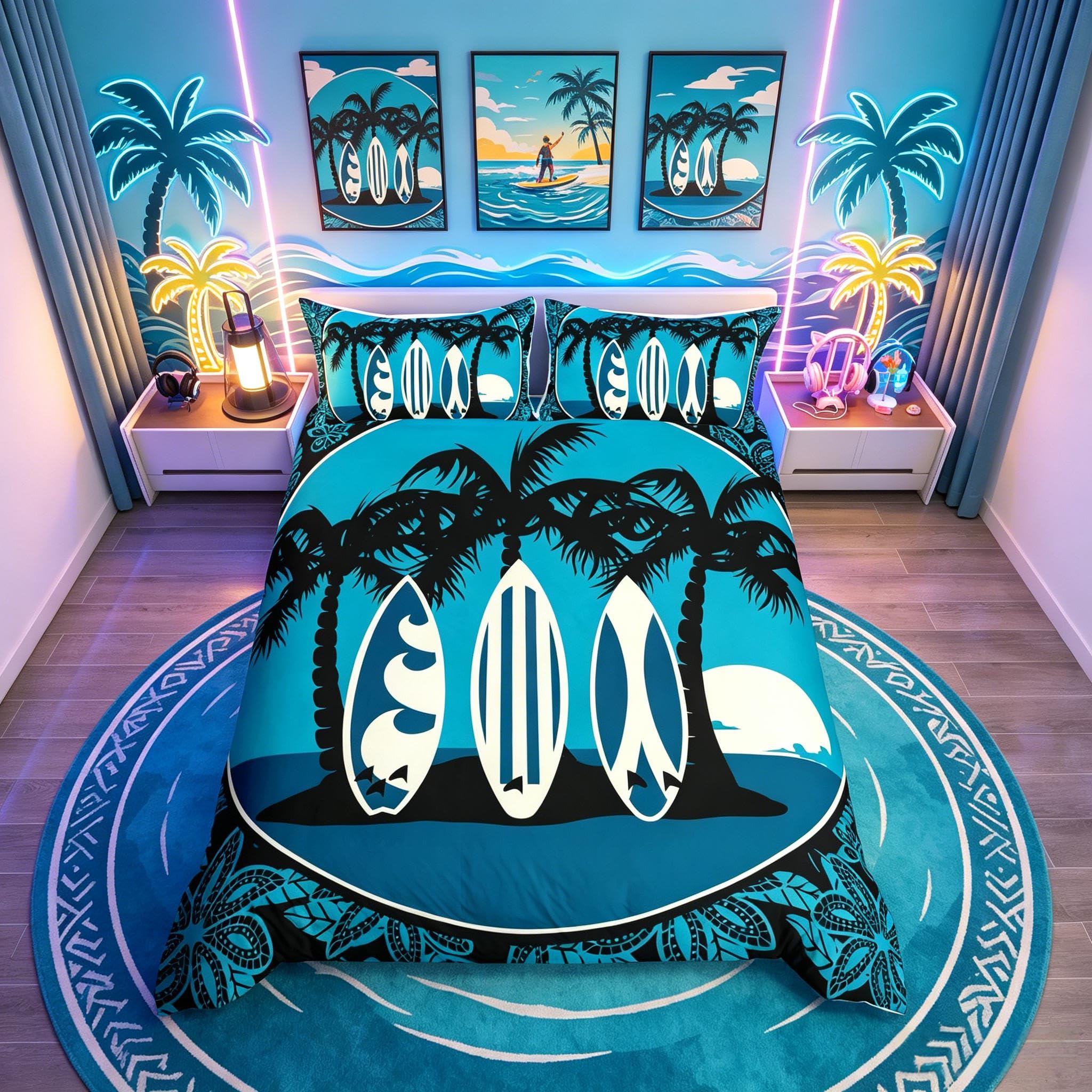 Homemissing Single Palm Trees Bedding Set Surfing Duvet Cover Surfboard Bohemian Flowers Comforter Cover Set Hawaii Tropical Islands Blue Room Decoration