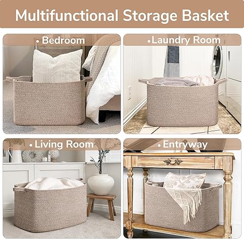 Vista 70 de Goodpick Cesta grande de almacenamiento de juguetes, cestas de cuerda de algodón gris para bebés, niños, cesta de almacenamiento tejida con asa