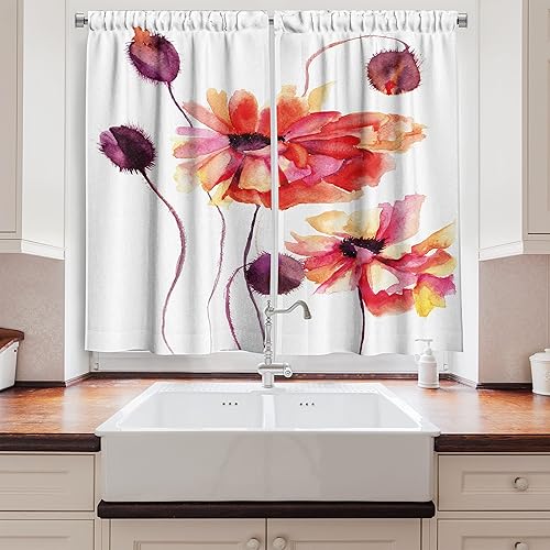 Miniatura 2 de Ambesonne Cortinas florales de cocina, pintura de acuarela, flores de amapola y brotes, diseño de naturaleza primaveral, juego de 2 paneles para