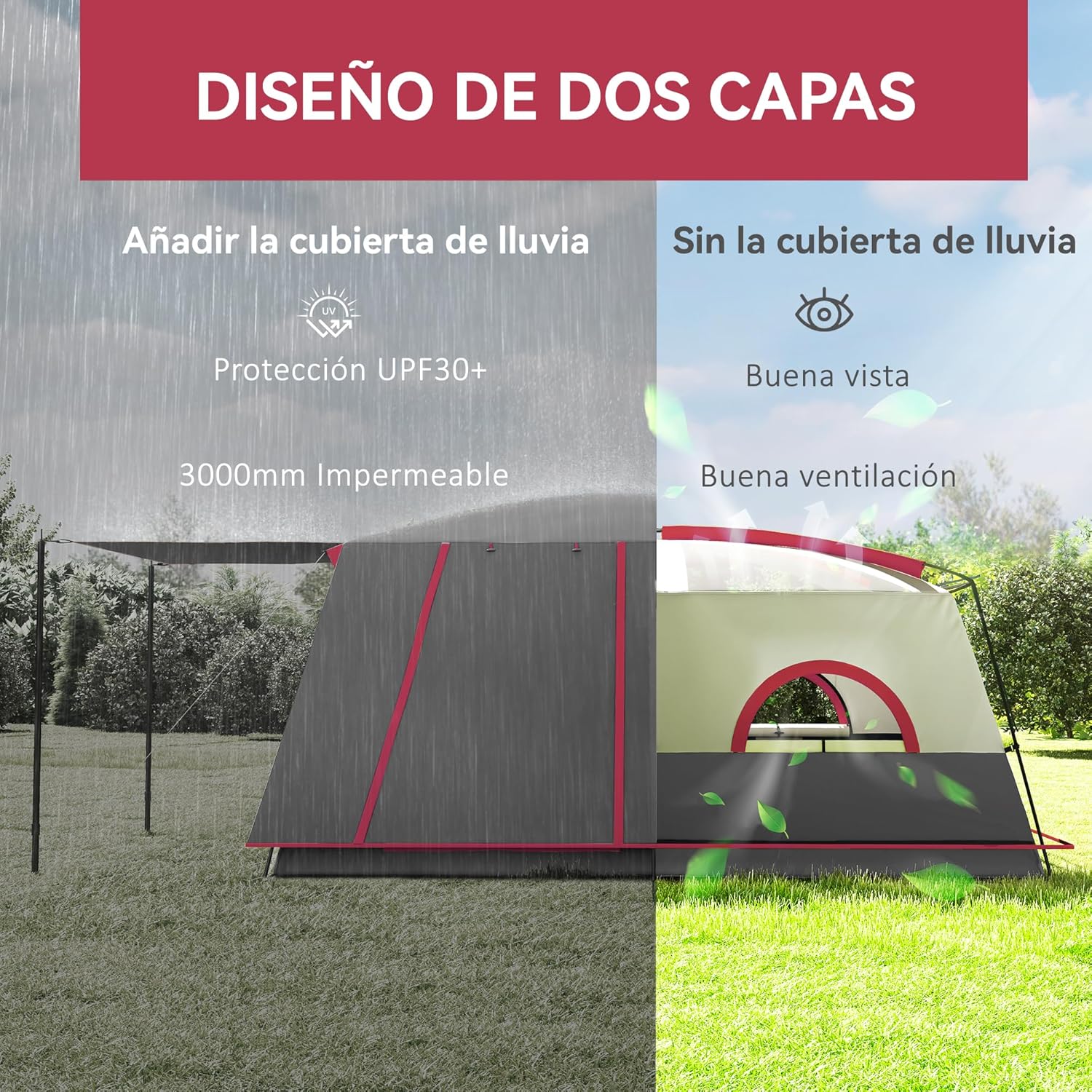 Comparison of the tent with and without the rainfly, highlighting its two-layer design for waterproofing and ventilation.