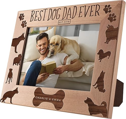 Marco de fotos personalizado Best Dog Dad Ever, 5 x 7 pulgadas, marco grabado personalizado con nombre y año, regalos para el padre del perro,
