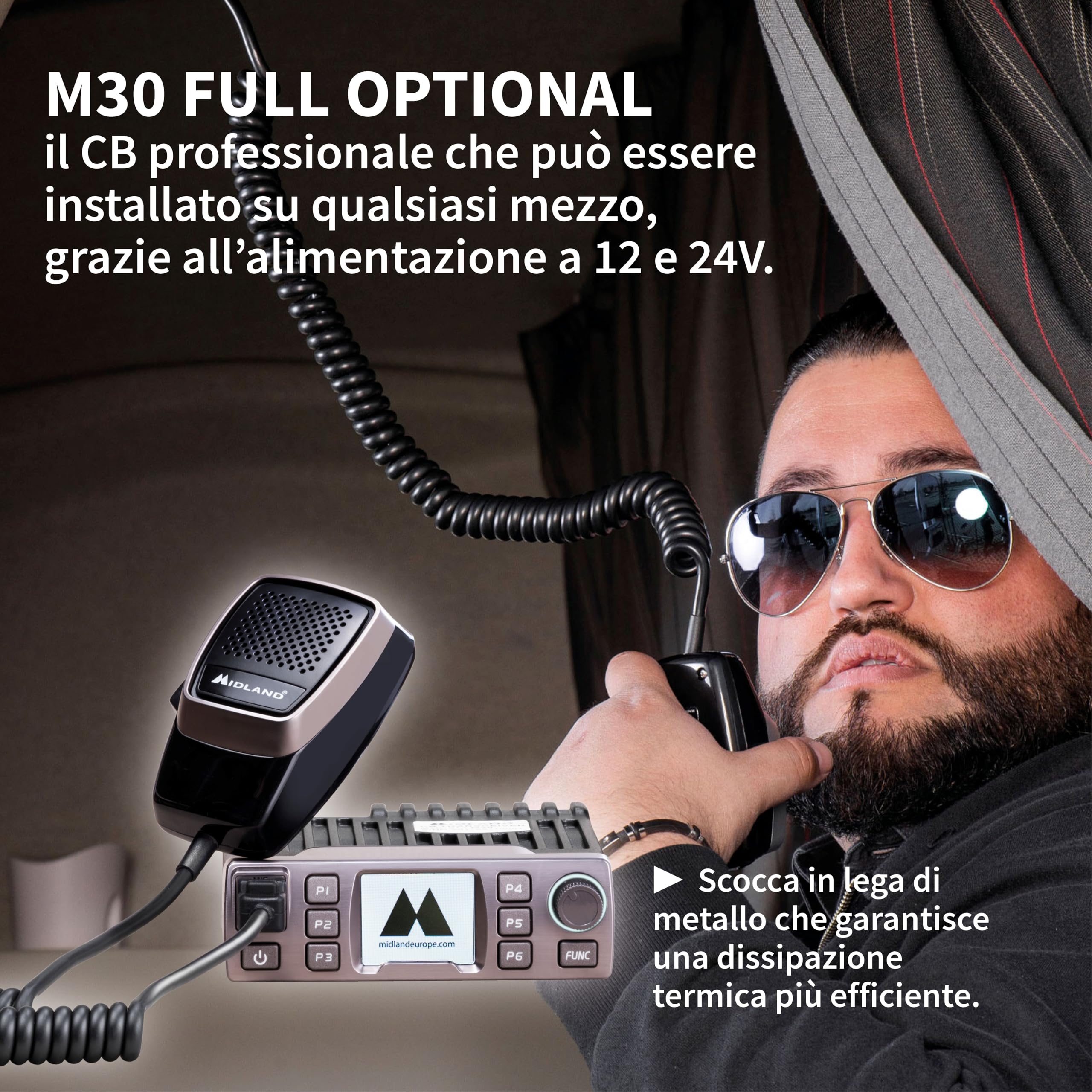 Midland - Radio CB Ricetrasmittente Portatile Senza Licenza M-30, Ricetrasmittenti Professionali Multibanda AM/FM Compatibile 12V/24V, Display TFT a Colori, Squelch Digitale, Noise Blanker, Dual Watch