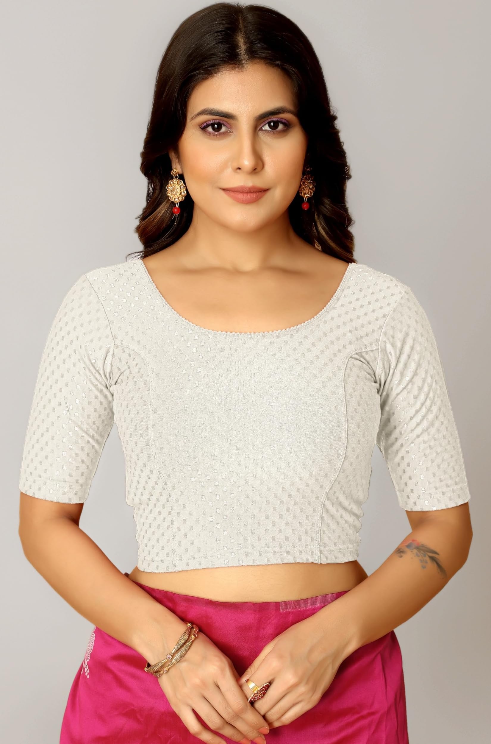 Round Neck Dobby Cotton Lycra Stretchable Elbow Half Sleeve Readymade Saree Blouse for Women Stylish