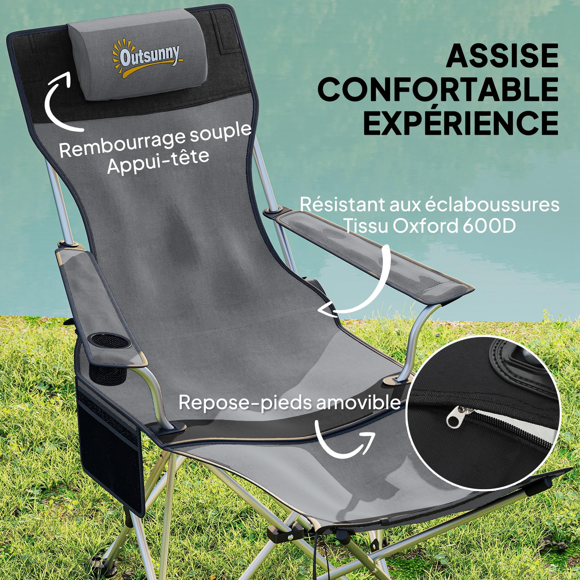 Outsunny Lot de 2 chaises de Camping Pliante inclinable, Chaise Longue de pêche Portable et légère avec Repose-Pieds Amovible, Sac de Rangement, Porte-gobelet et Appui-tête, Gris