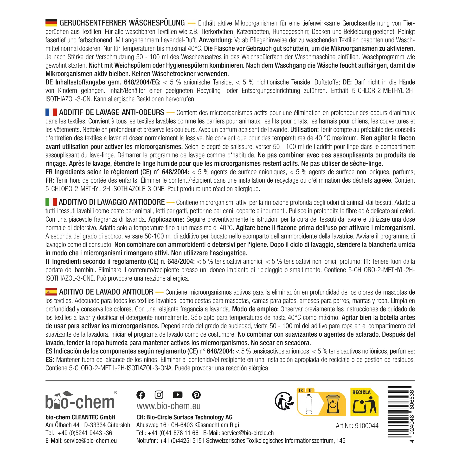 bio-chem Adoucissant anti-odeurs pour linge 3L | Assainit et rafraîchit les textiles - Additif de rincage compatible avec toutes les lessives et textiles