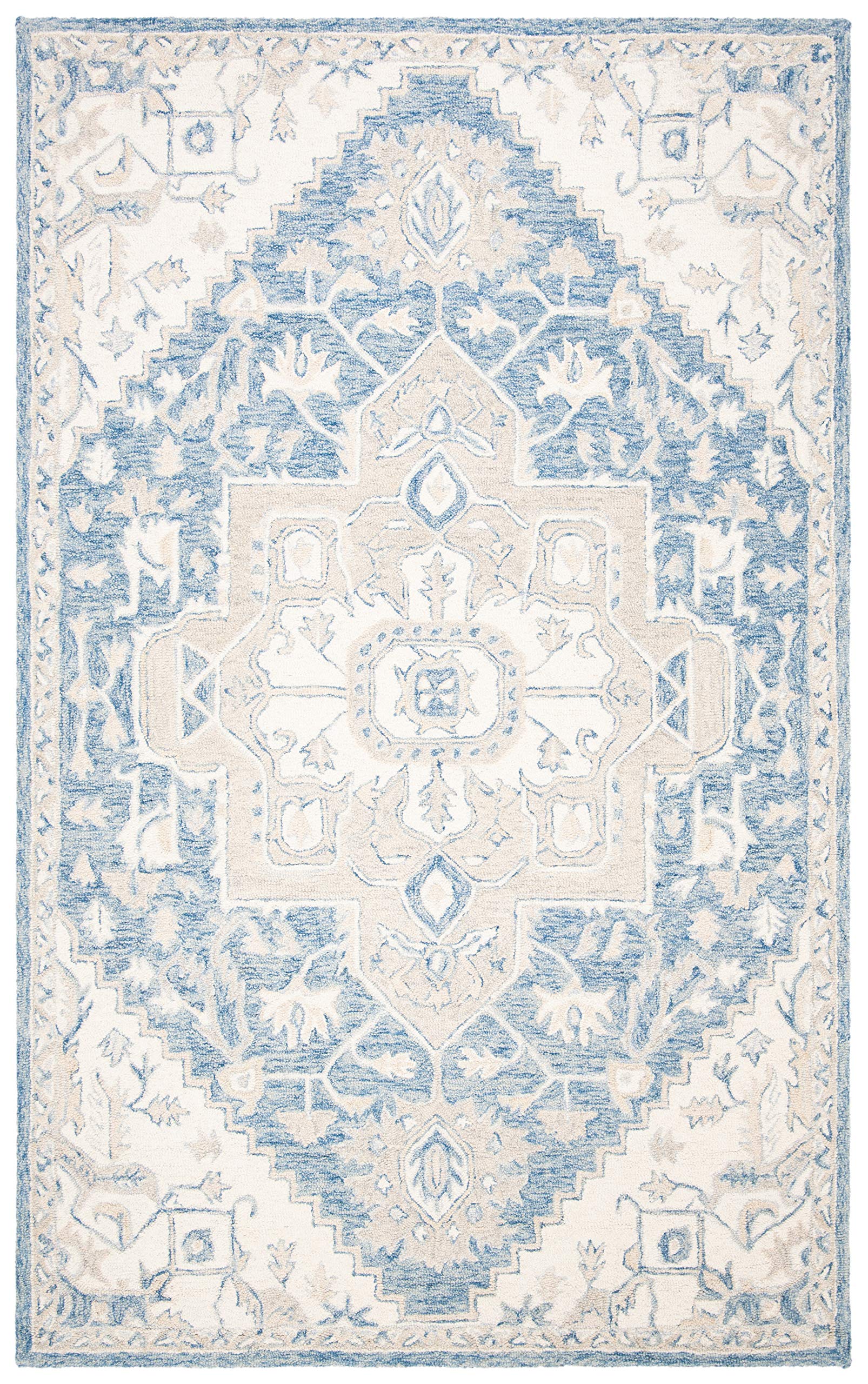 Safavieh Traditional Rug for Living Room Dining Room, Bedroom - Micro-Loop Collection, Short Pile, in Blue and Ivory, 60 x 110 cm