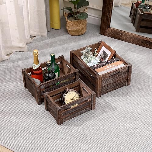Miniatura 4 de Cajas grandes de madera marrón vintage para exhibición, juego de 3 cajas de madera con asas, cajas de madera rústicas hechas a mano para Negro