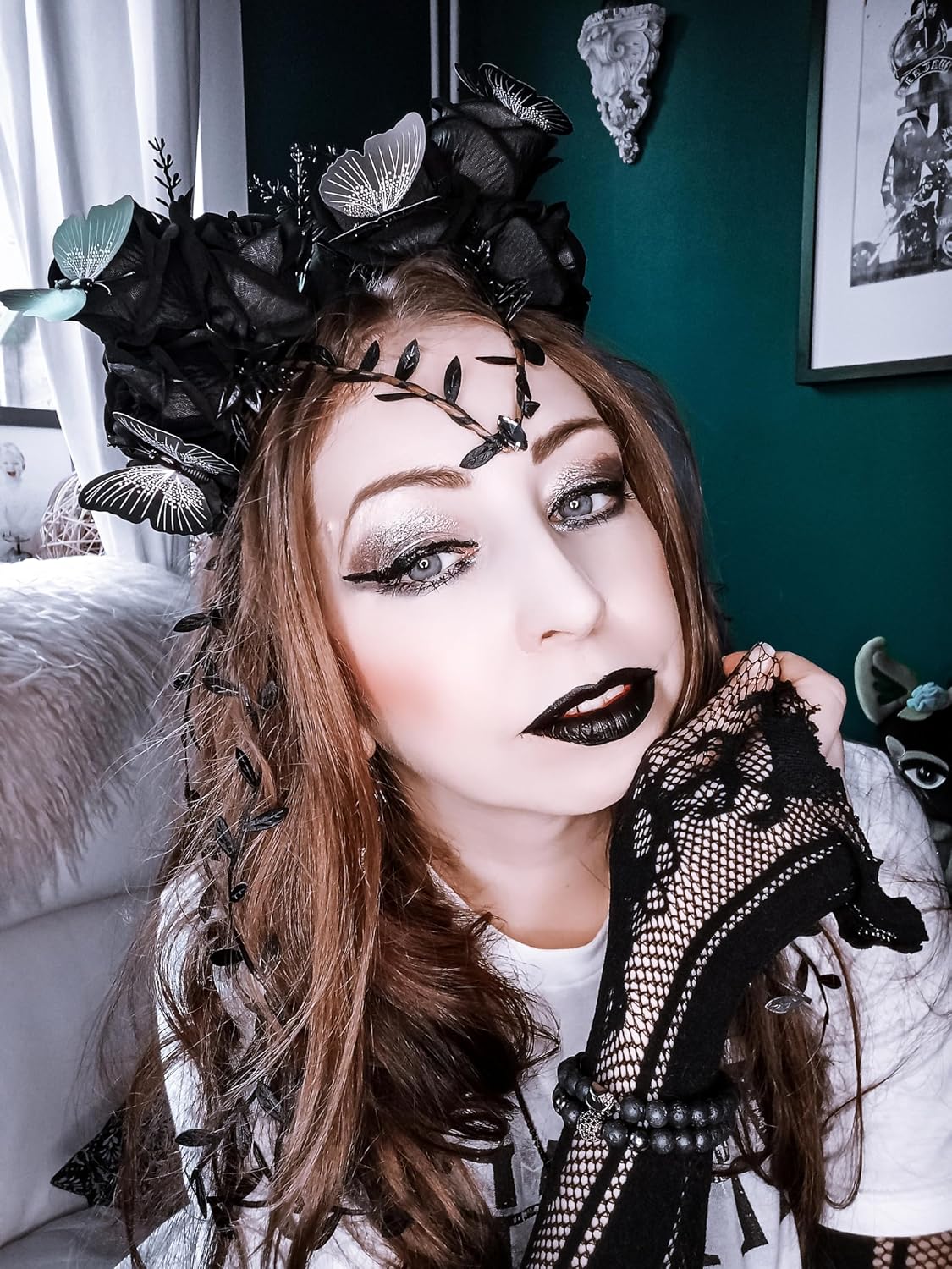 MOSTORY Black Flower Crown Headband - Gothic Floral Headpiece with Butterfly Dark Fairy Crown for Women Witch Aesthetic Renfaire Renaissance Party Cosplay image 2