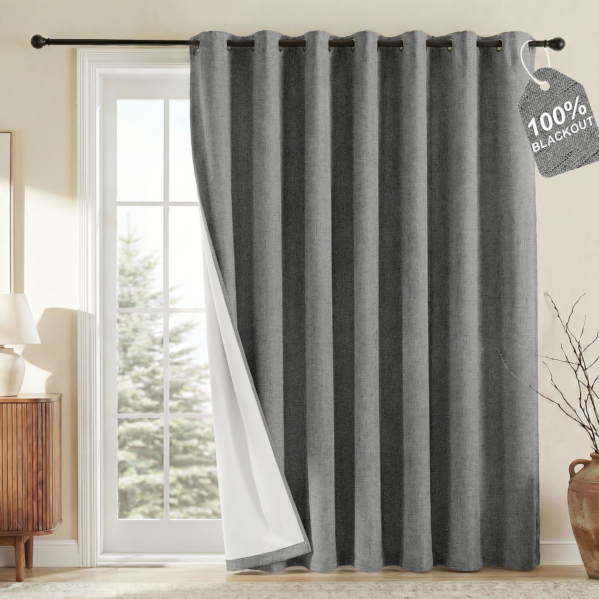 NICETOWN 100% Blackout Linen Sliding Door Curtains with White Liner Composite, Grommet Extra Wide Window Treatments Room Divider Drapes for Bedroom/Living Room, Grey, W100 x L84, 1 Panel