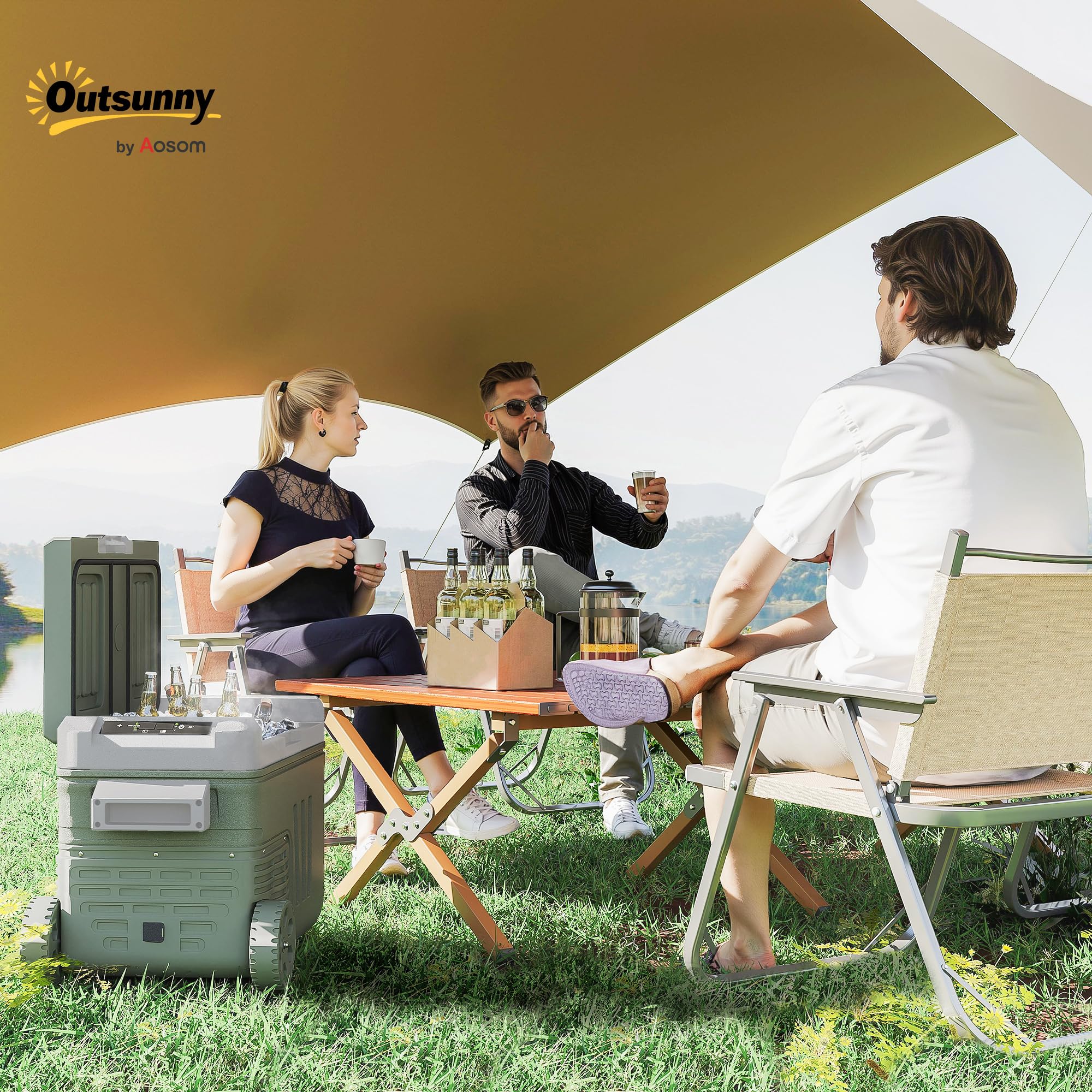 Outsunny 33 Liter Kompressor Kühlbox Leiser Elektrisch bis -20℃ Rolle Grün | Mini Kühlschrank, Kühlbox mit LED, Kühlfunktion, Gefrierbox, Thermobox, 12/230 Volt, für Auto LKW Camping Boot Reisen