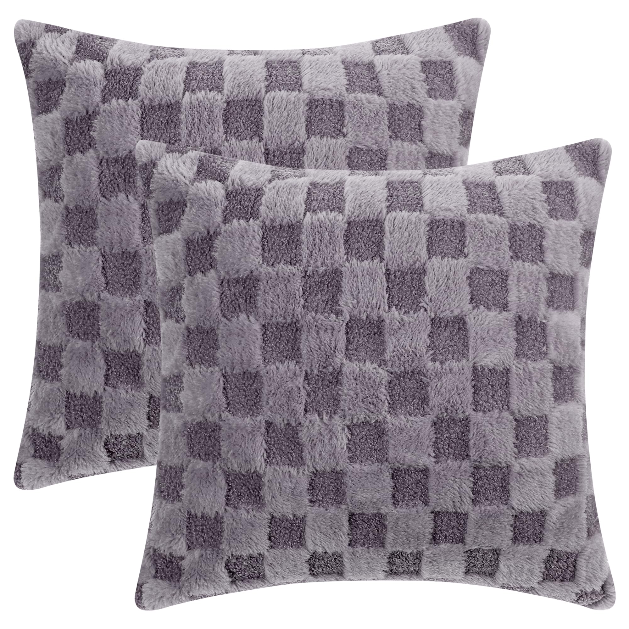 Housse de coussin salon et chambre à carreaux en fausse fourrure grise