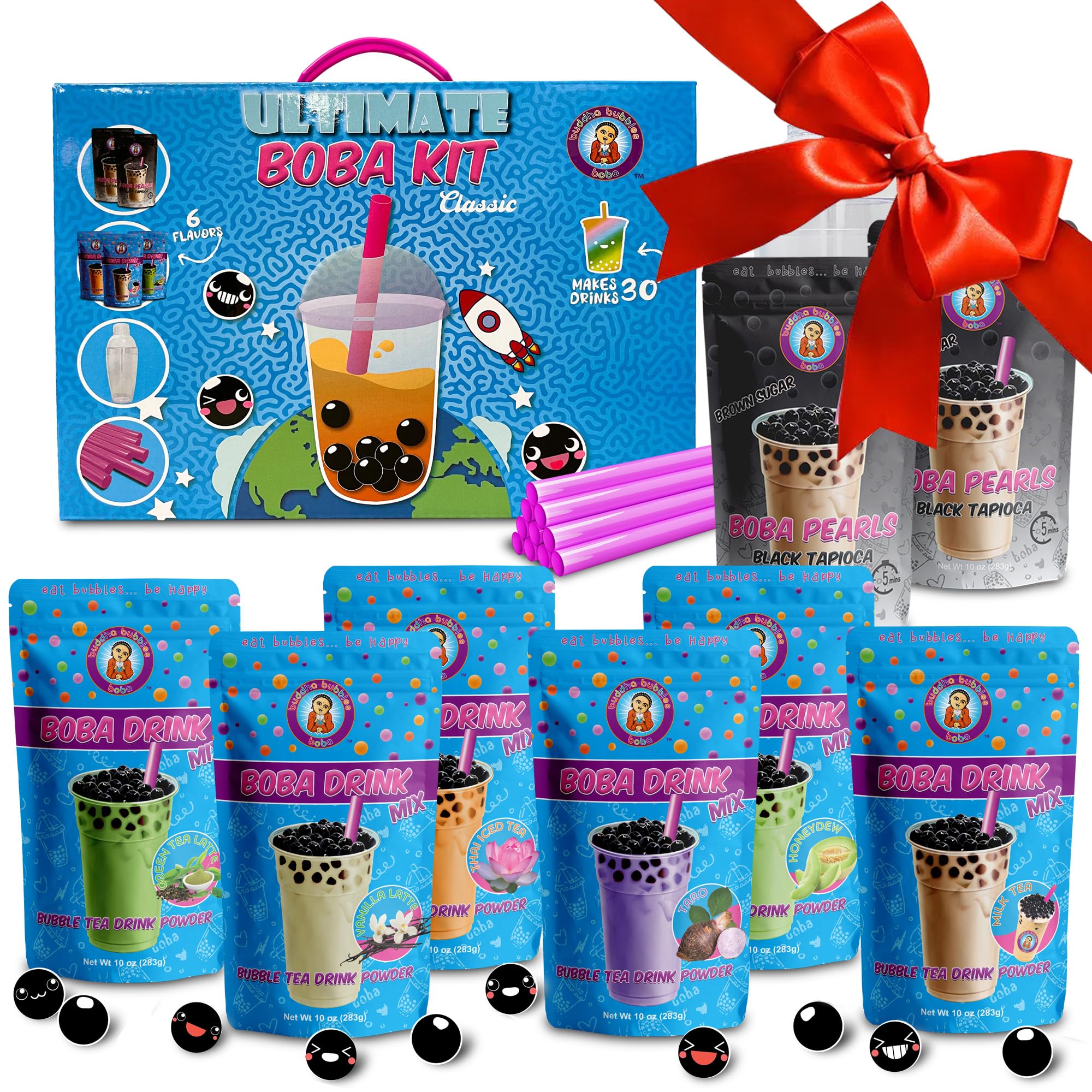 Buddha Bubbles Boba The Original ULTIMATE DIY /Bubble Tea Kit, 60+ Drinks, 6 Flavors, Pearls, Straws and Shaker (CLASSIC)