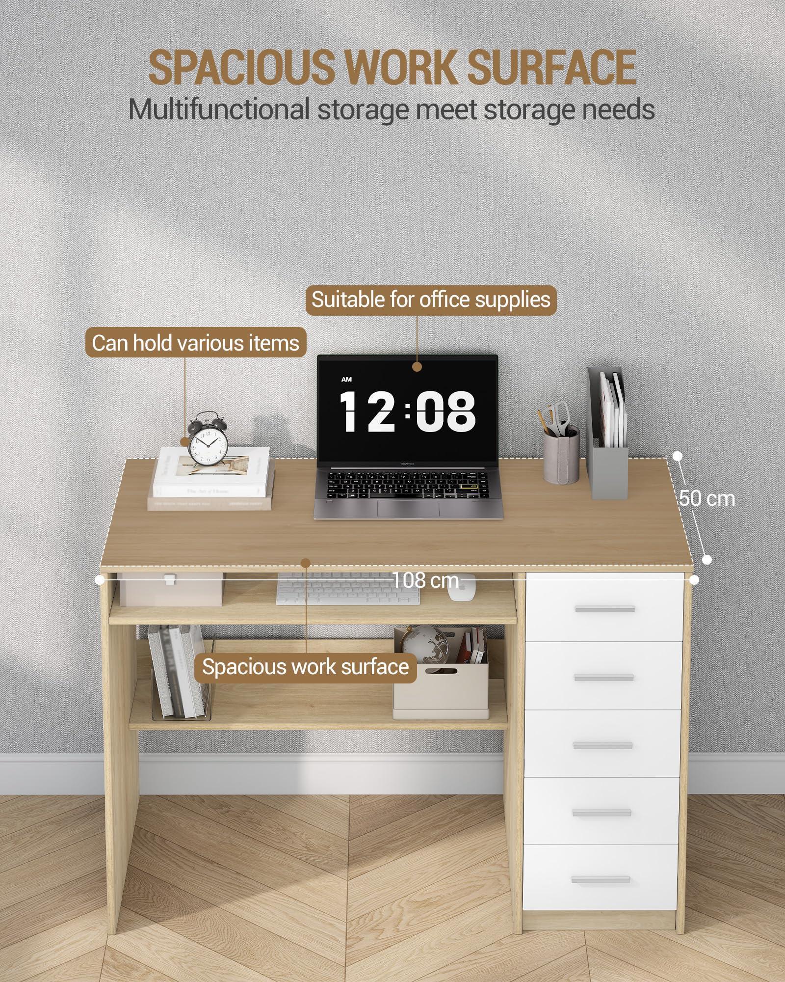 Hzuaneri Mesa Ordenador con 5 Cajones, Mesa de Oficina, Escritorio Moderno con Almacenamiento, para Estudio, Oficina, Dormitorio, 50 x 108 x 75 cm, Roble y Blanco CD10531X