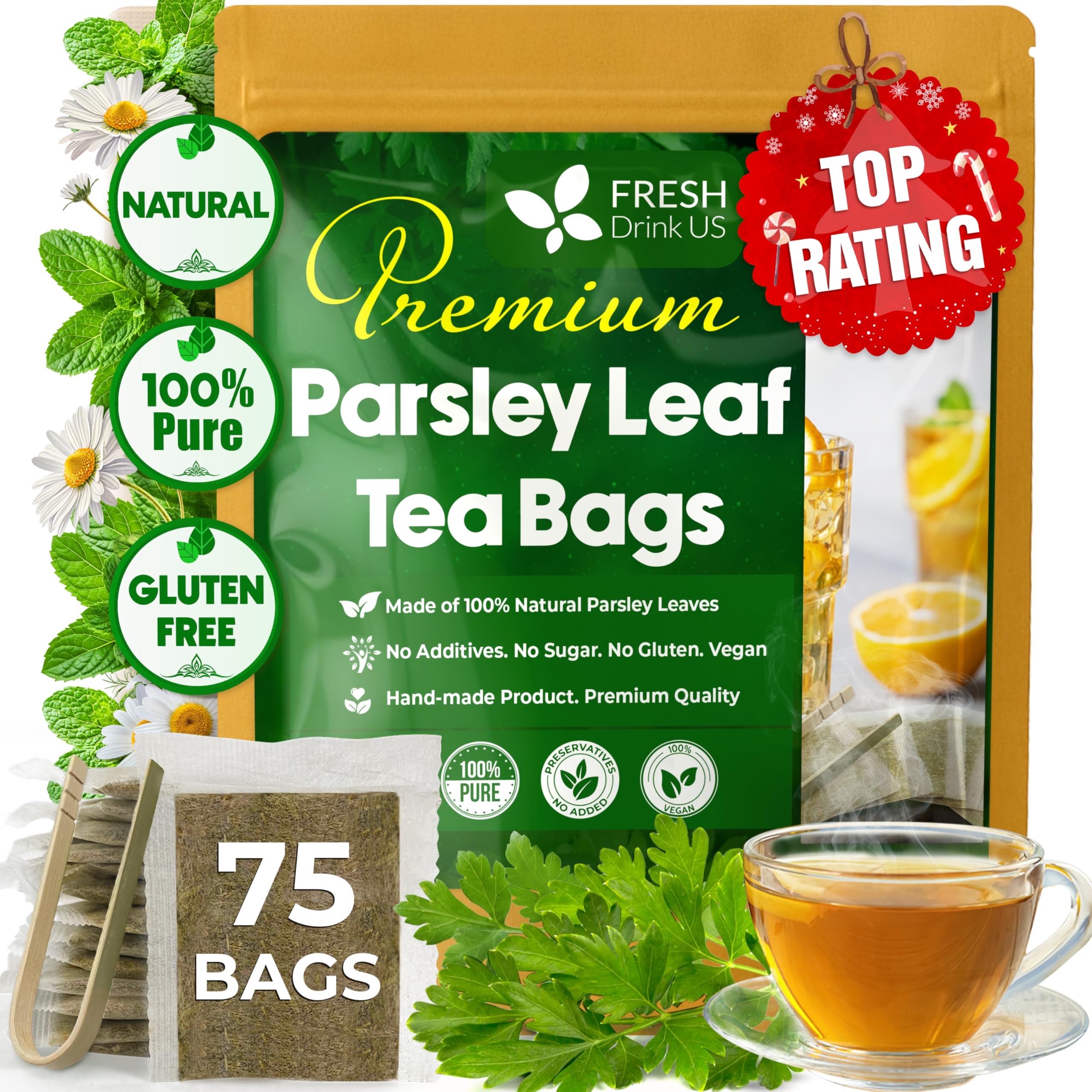FreshDrinkUS, Premium 75 Parsley Leaf Tea Bags, 100% Natural & Pure from Parsley Leaves. Loose Leaf Parsley Herbal Tea. Made with Natural Material Tea Bags. No Sugar, No Caffeine, No Gluten, Vegan.