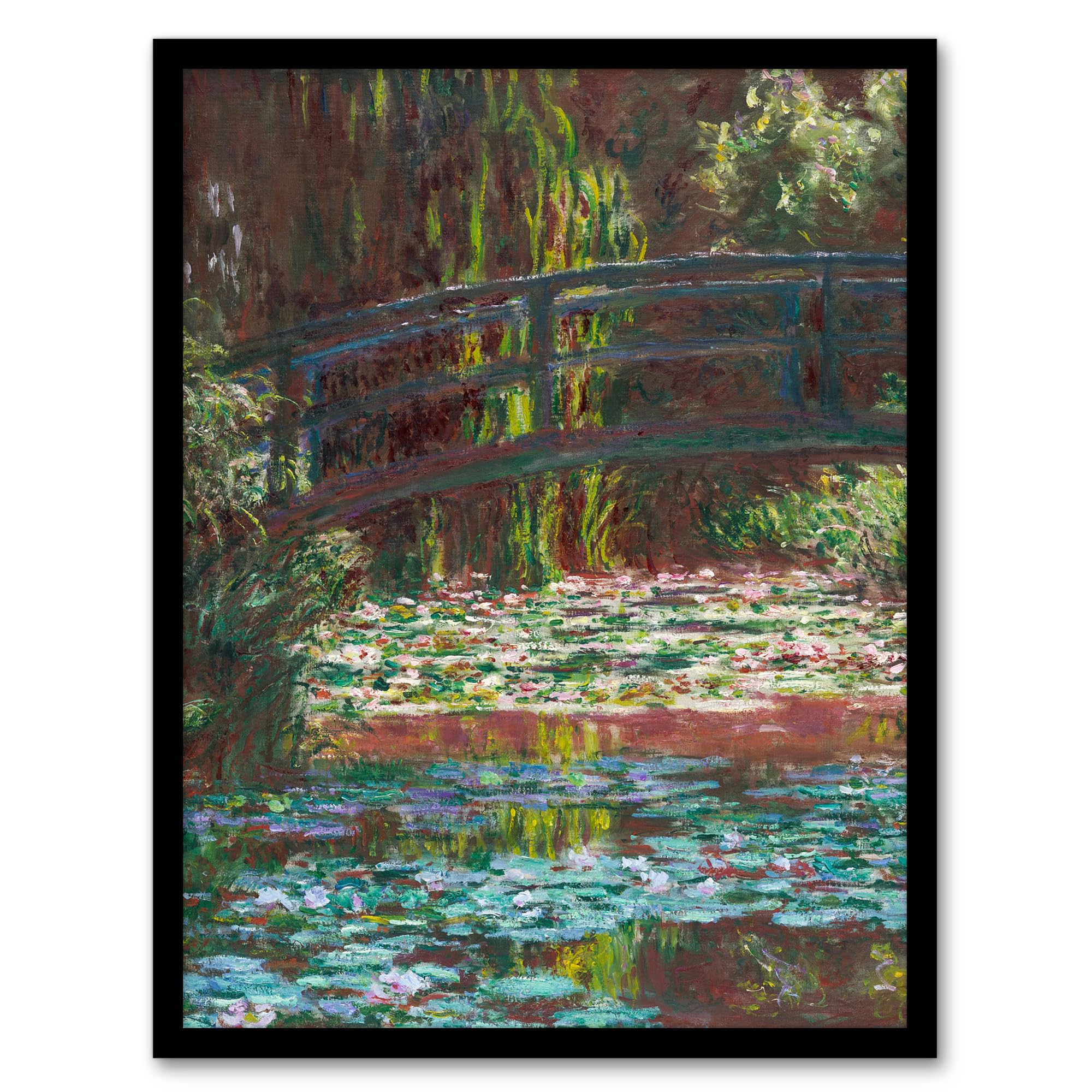Artery8 Water Lily Pond with Bridge Framed Wall Art Print 18X24 Inch Artwork By Claude Monet : Peaceful Pond Scene For Relaxation Areas Lounge Or Spa Room Soft Soothing Interior Tone