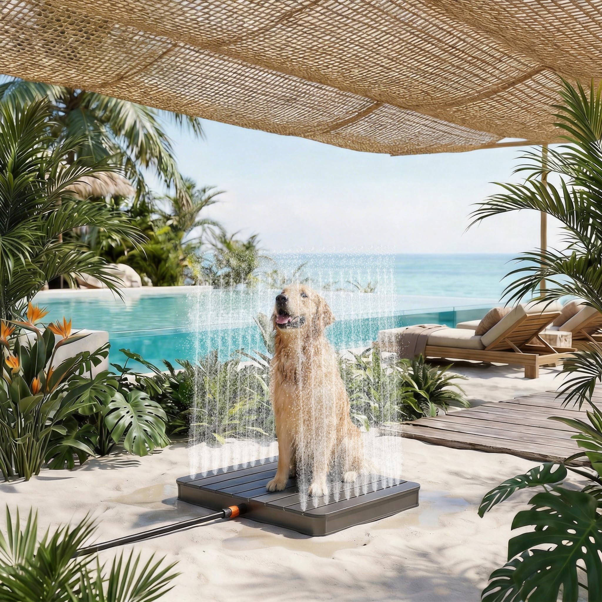 UISEBRT WPC Ducha de jardín con ruedas hasta 4 m de altura de la fuente, antideslizante, resistente a la intemperie y a las heladas y a los rayos UV, ducha exterior para piscina, camping, sauna