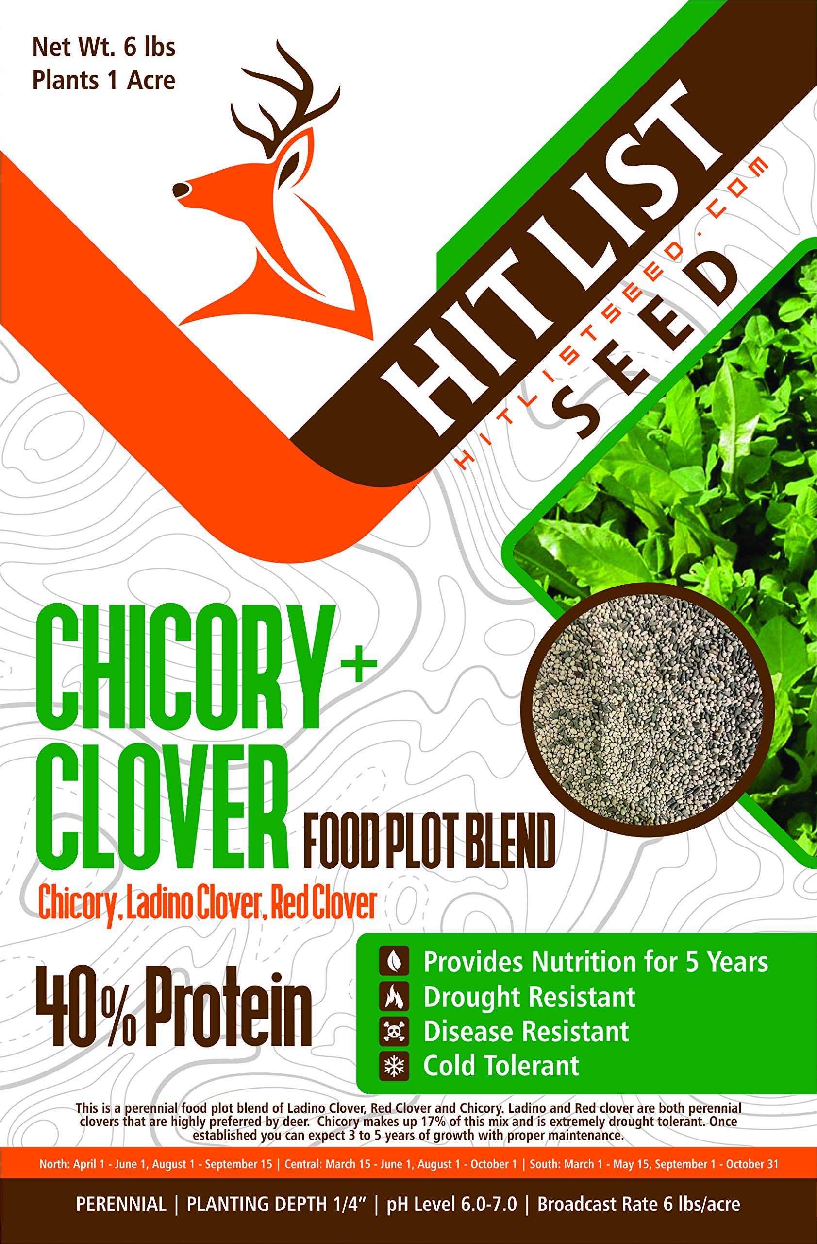 HIT LIST SEED® Chicory + Clover Food Plot Seeds for Deer [Perennial] - Deer Food Plot Seed Perennial - Deer Plot Seed Mix - Chicory, Ladino Clover, Red Clover - Spring, Summer & Fall Planting - 6 lbs