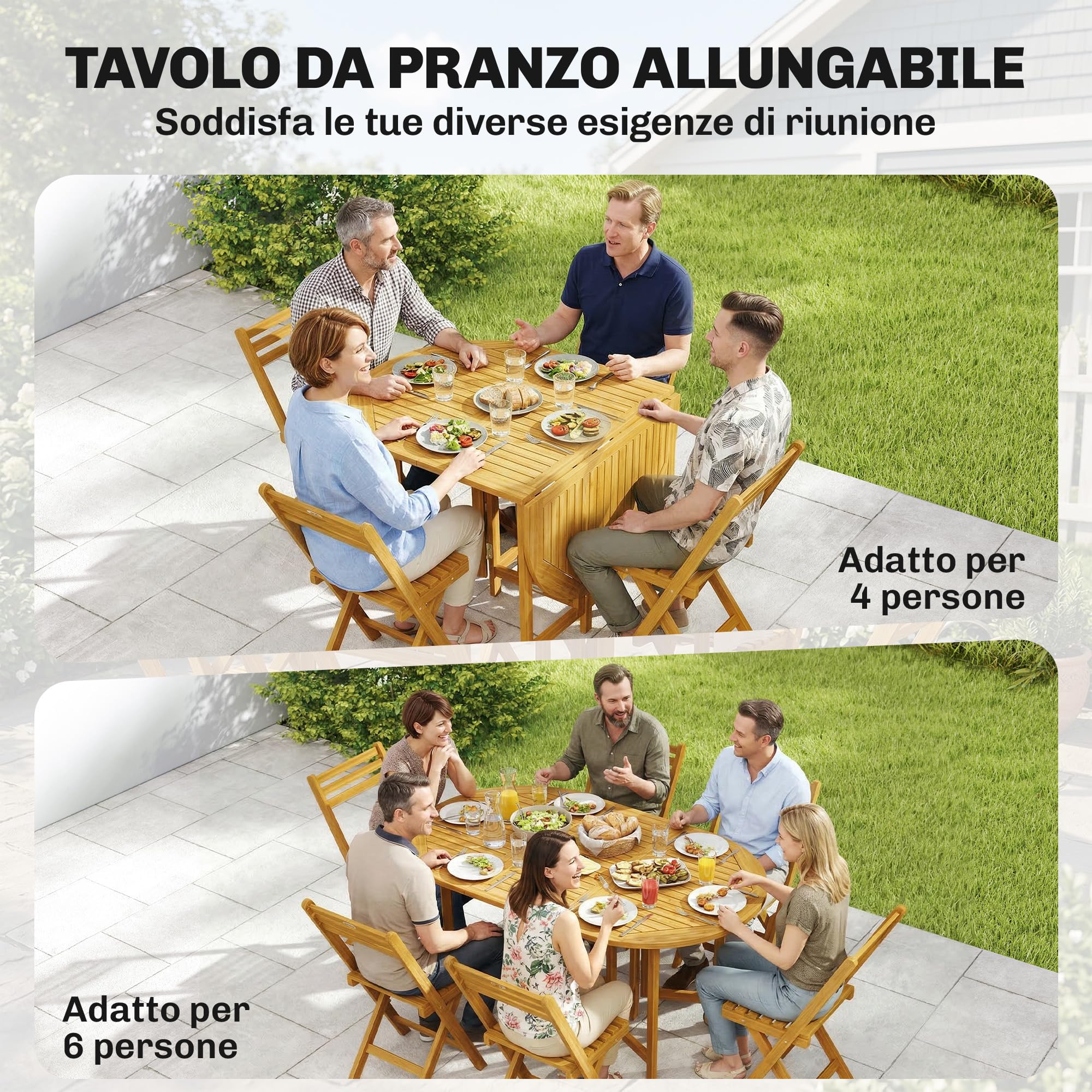 Outsunny Set Tavolo e Sedie da Giardino 7 Pezzi in Legno Acacia Pieghevole con Foro Ombrellone Ruote