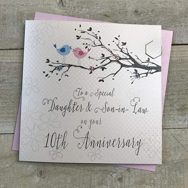Daughter & Son-in-Law 10th Wedding Anniversary Card Tenth Tin Birds and Tree branch by White Cotton Cards PD193-10