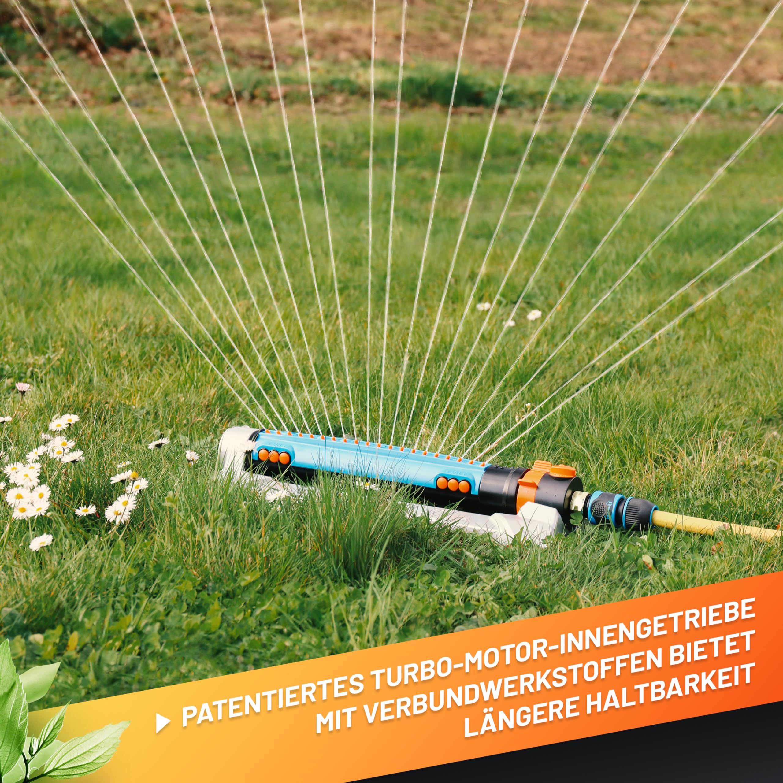 GRÜNTEK Metall Oszillations-Rasensprenger, Beregner mit flexiblem Bewässerungsbereich, Rasen-Sprenger, Sprinkler mit Turbo-Motor, bis 462 m²