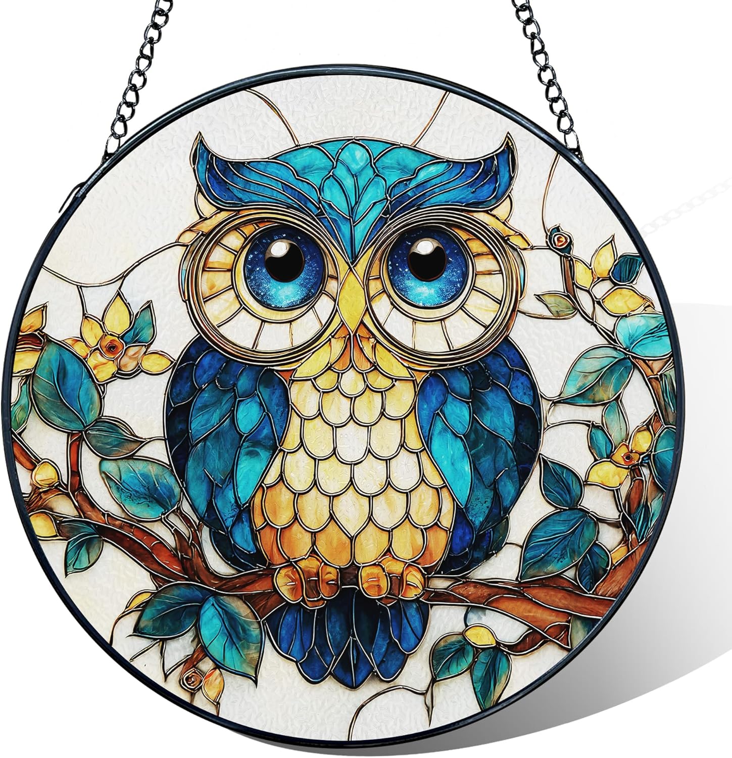 Owl Stained Glass Window Hanging, Owl Bird Suncatcher, Bird Sun Catchers Indoor Window Round Glass Wall Art Hanging Decorations, 7.9x7.9in