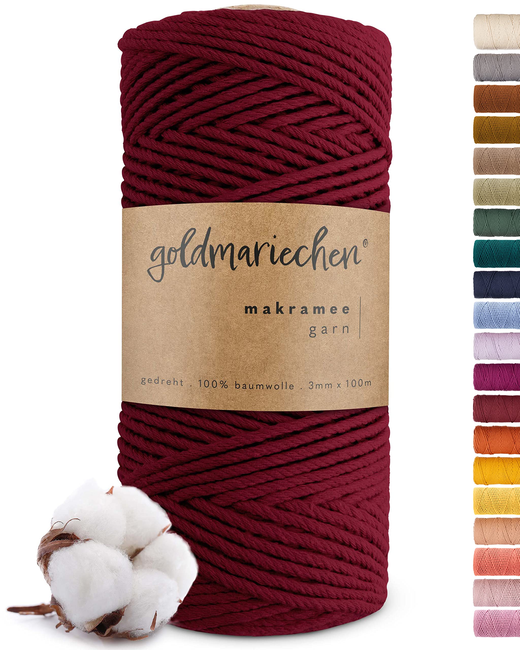 goldmariechen Premium Makramee Garn (Burgunder) | 3mm x 100m | 100% Baumwolle | plastikfreie Verpackung | Makramee Baumwollgarn für DIY Handwerk