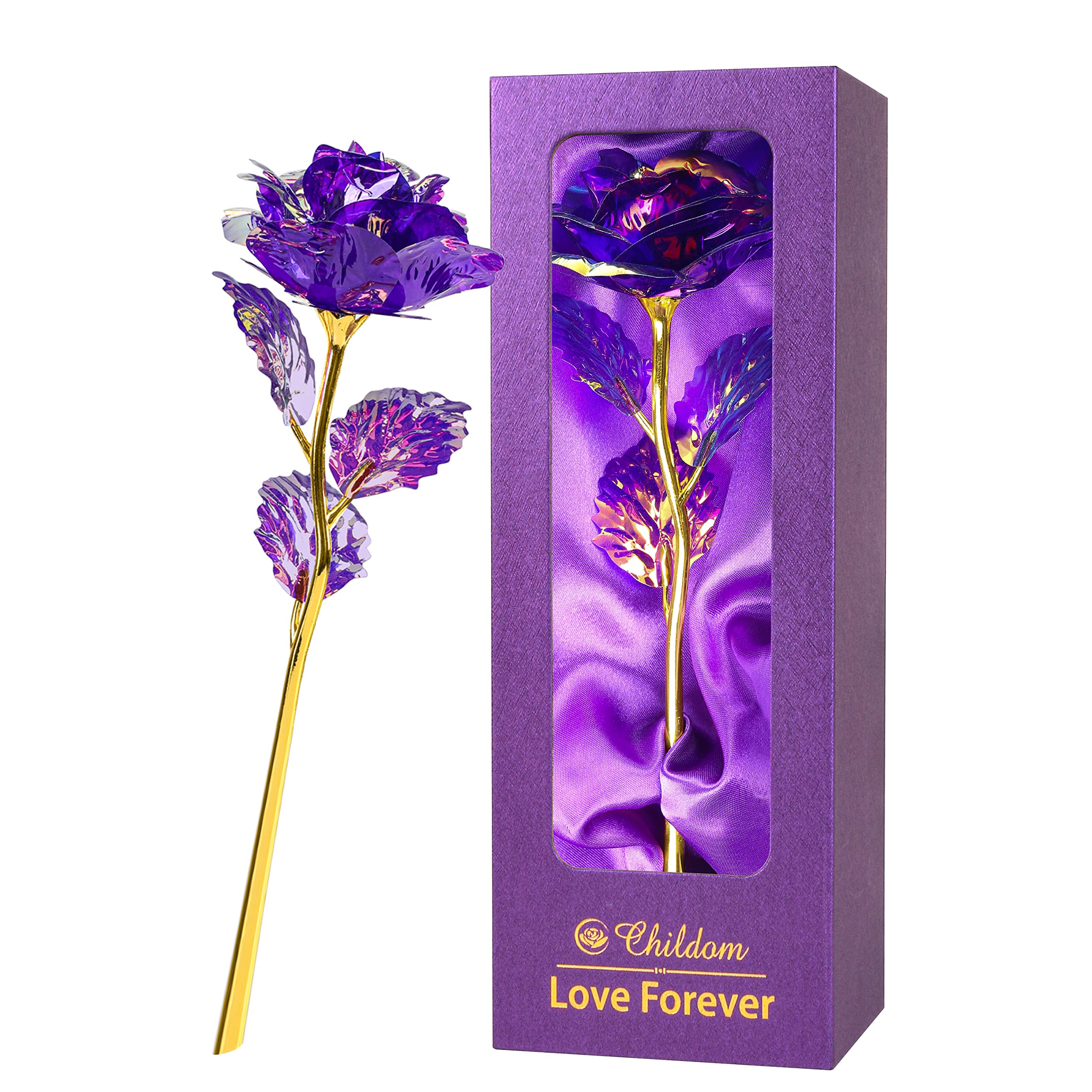 Childom Purple Colorful Rose Flower Present Golden Foil with Luxury Gift Box Great Gift Idea for Valentine's Day, Mother's Day, Thanksgiving Day, Christmas, Birthday, Anniversary
