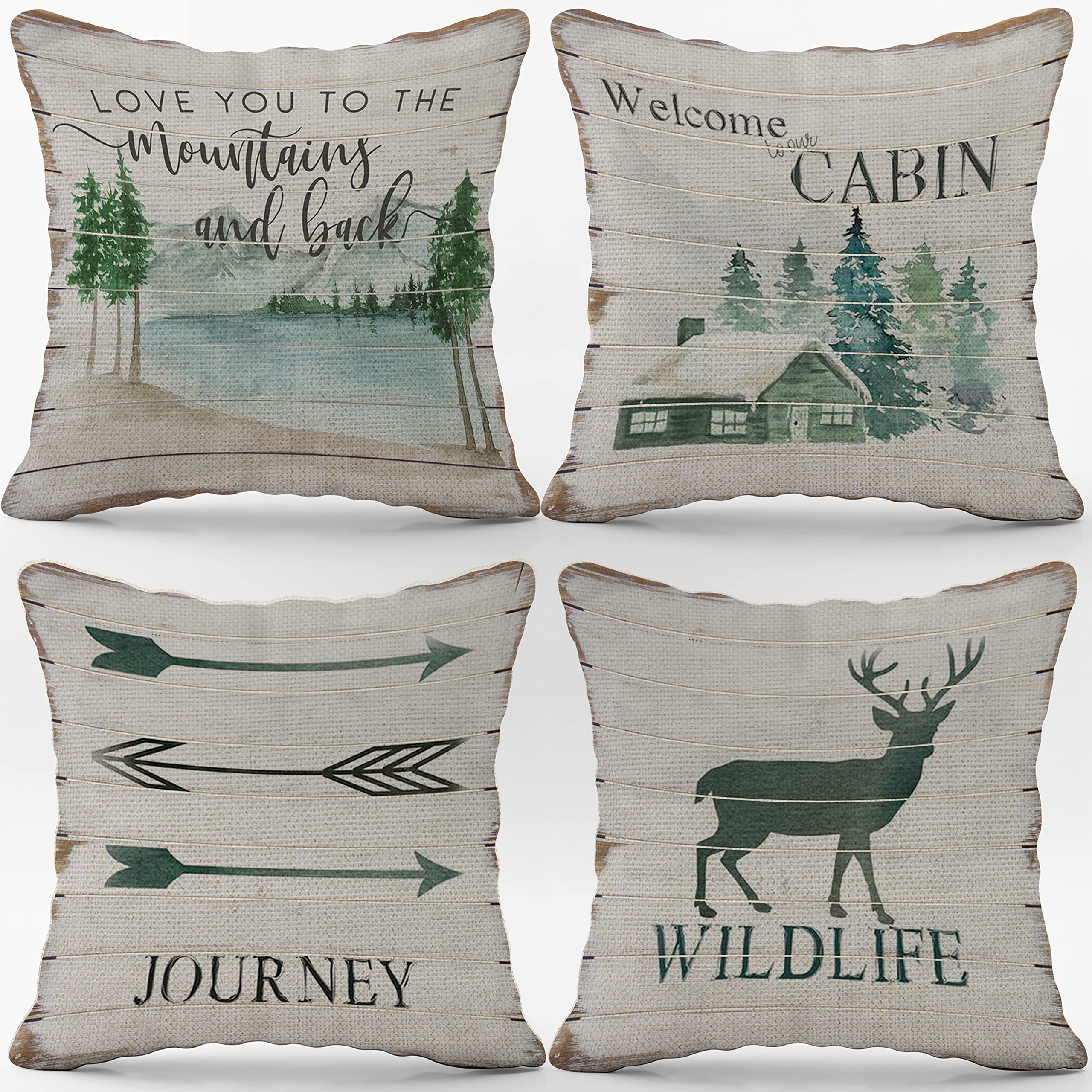 SiuSue (RB) Cabin Decor Pillows, Rustic Farmhouse Pillow Covers 18x18, Log Cabin Decor, Camper Decorations for Inside,Camping Decorative Pillow Covers, Porch Sofa Pillows for Living Room, Set of 4