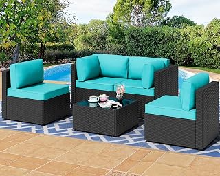 Shintenchi 5-Piece Outdoor Patio Sectional Sofa Set, Black PE Wicker with Blue Washable Cushions & Glass Table for Garden Poolside