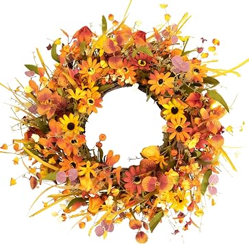 JINGHONG 20" Fall Wreaths for Front Door Artificial Fall Wreath Floral Autumn Wreath with Colorful Daisies Orange Foliage for Indoor Outside Door Harvest Festival Thanksgiving Day Celebration