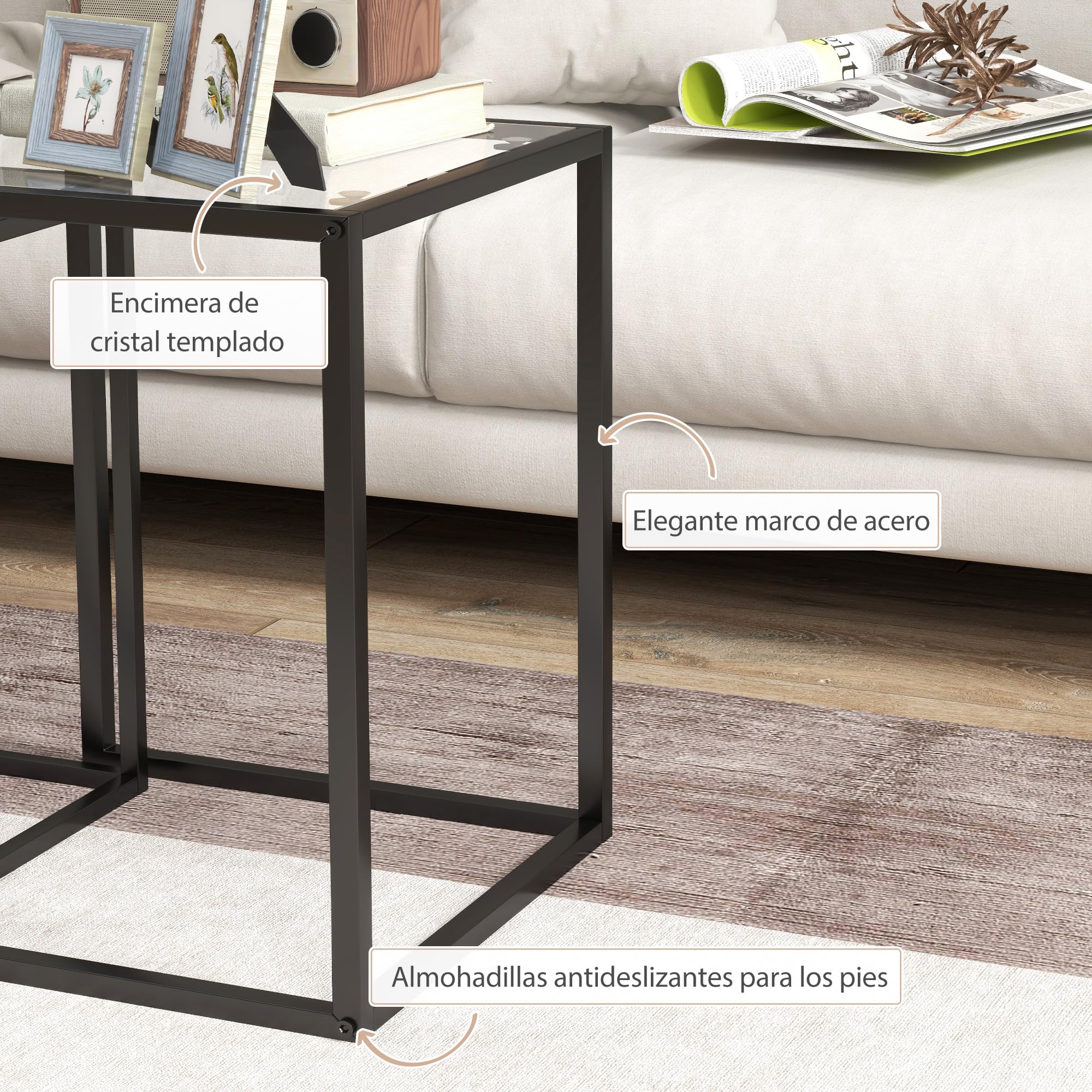 HOMCOM Conjunto de 2 Mesas Auxiliares Cuadradas Juego de Mesas de Centro Apilables con Encimera de Vidrio Templado y Marco de Acero para Salón 33x33x45,5 cm y 42x42x51 cm Negro