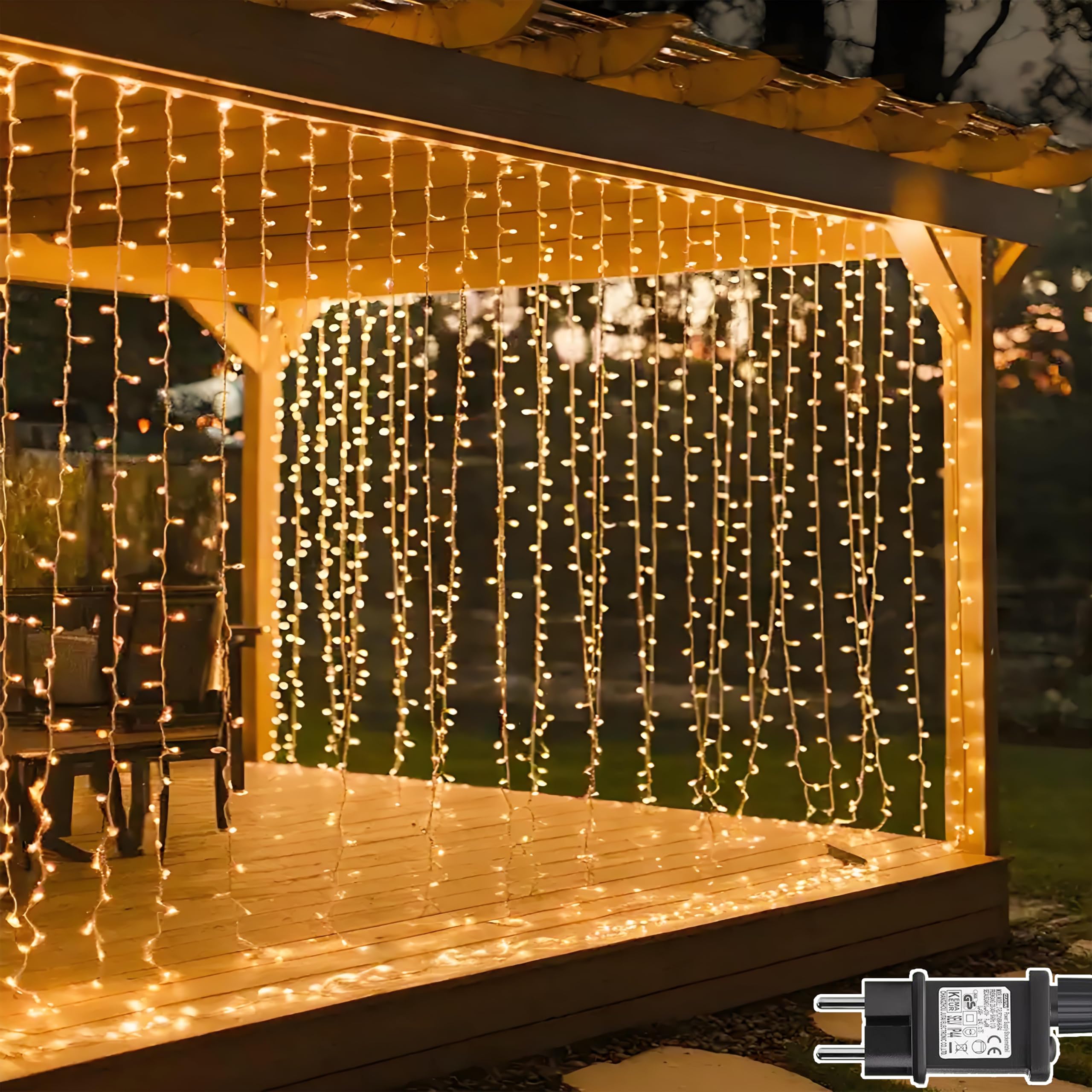 Dekofun 300 LEDs Cortina de Luces 3m x 3m Guirnaldas Luces Exterior con Enchufe, 8 Modos Impermeable Cortinas Exterior con Temporizador para Boda, Fiesta, Ventana, Balcón Decoración - Blanco Cálido