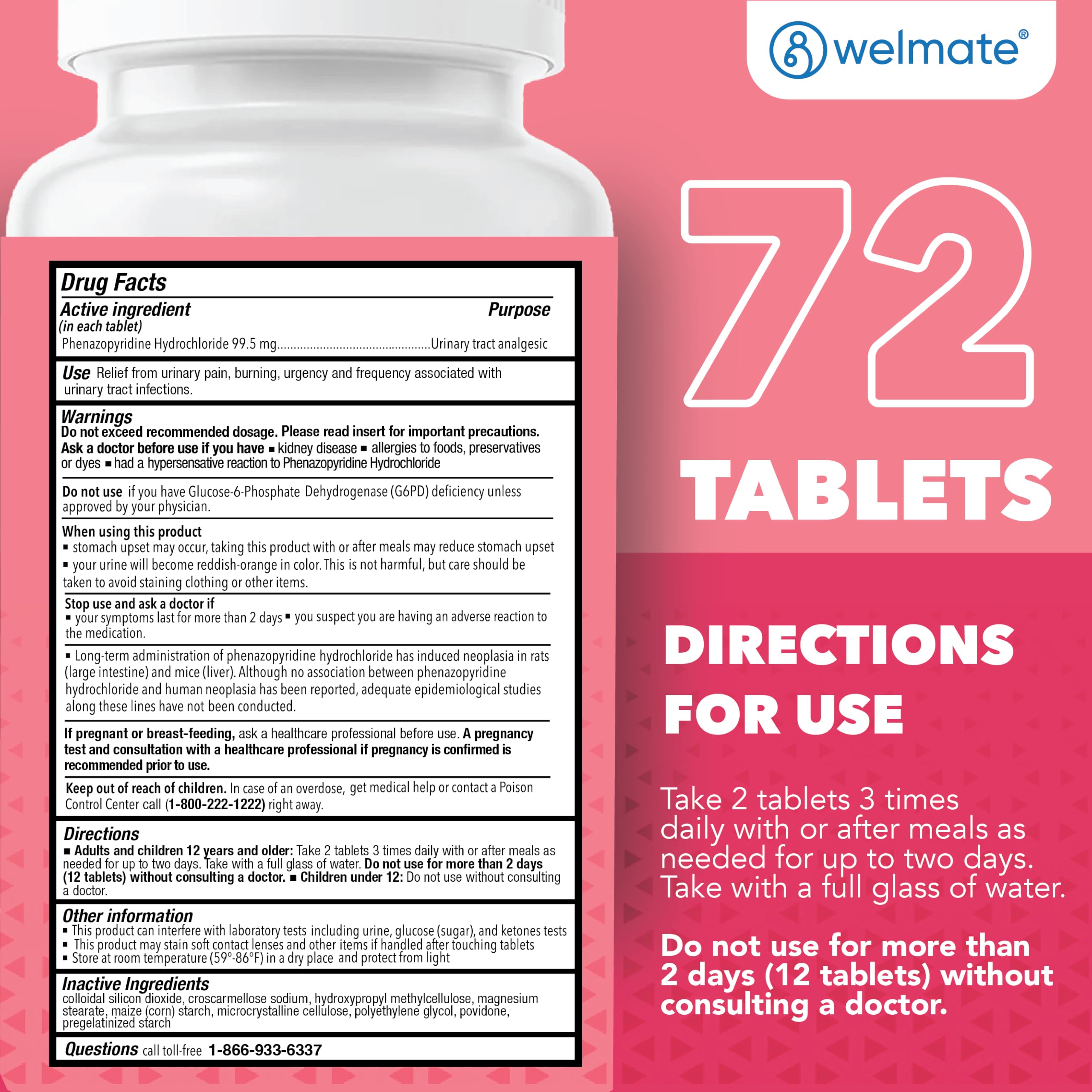 WELMATE Maximum Strength Urinary Pain Relief UTI Medicine for Women, 72 Ct — Amazon image 5